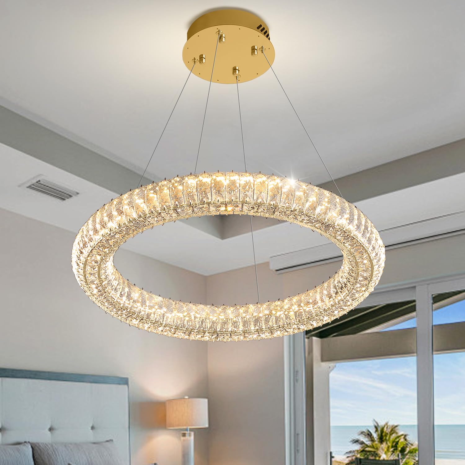IDEQUY Modern Crystal Chandelier Pendant Light Dimmable LED 23.6in Round Gold CF8022-60J