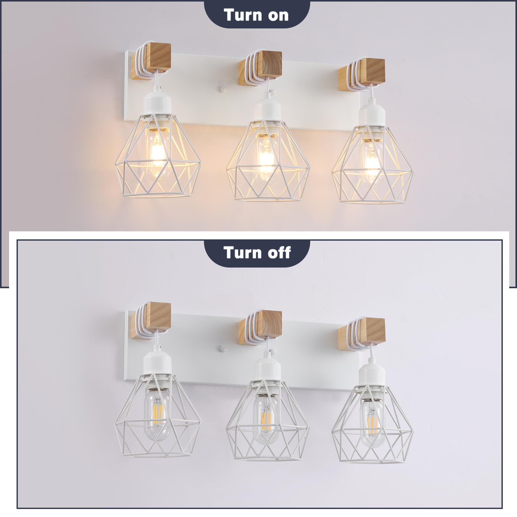Maesta 3-Light Farmhouse Bathroom Vanity Light Fixture, Rustic Wood & Metal Sconces, White, Model MA021-3