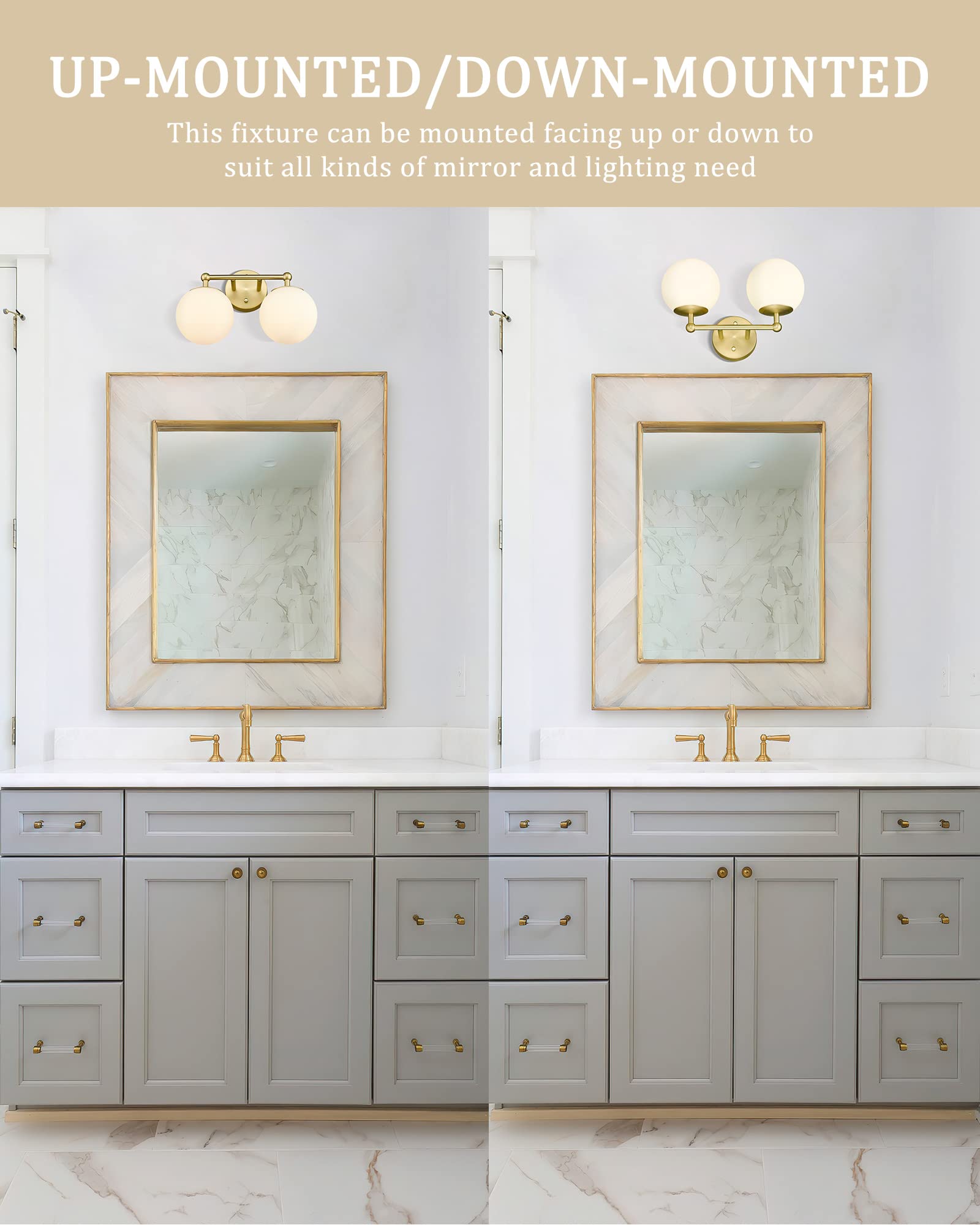 Akezon Gold Bathroom Light Fixtures, 2-Light Vanity Lights Over Mirror Wall Sconce With White Etched Glass Globe, Kw-7308-2