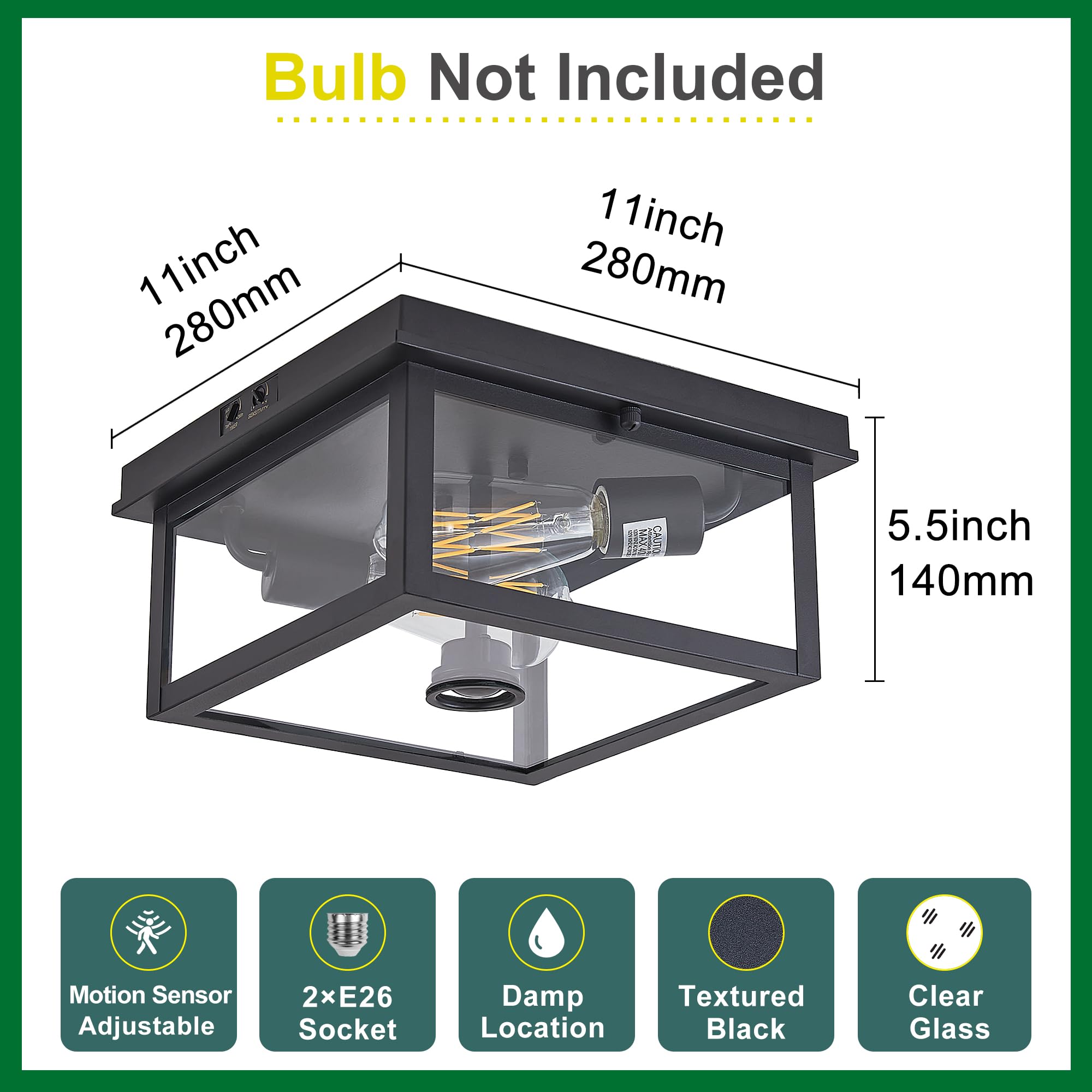 Tarentlight Adjustable Motion Sensor Ceiling Light Fixture Outdoor Modern Design Of Squares Flush Mount 2-Light Textured Black With Clear Glass For Your Porch,Garage,Patio,Hallway,Front And Back Yards