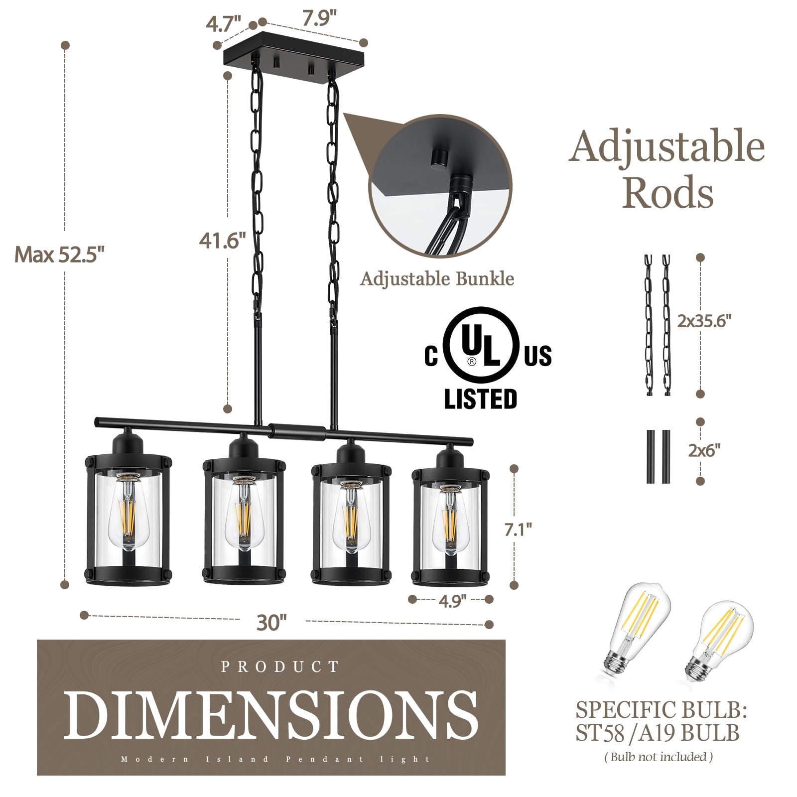 Osimir 4-Light Linear Kitchen Island Chandelier, Black & Clear Glass, Model OS-3014-4ISBK