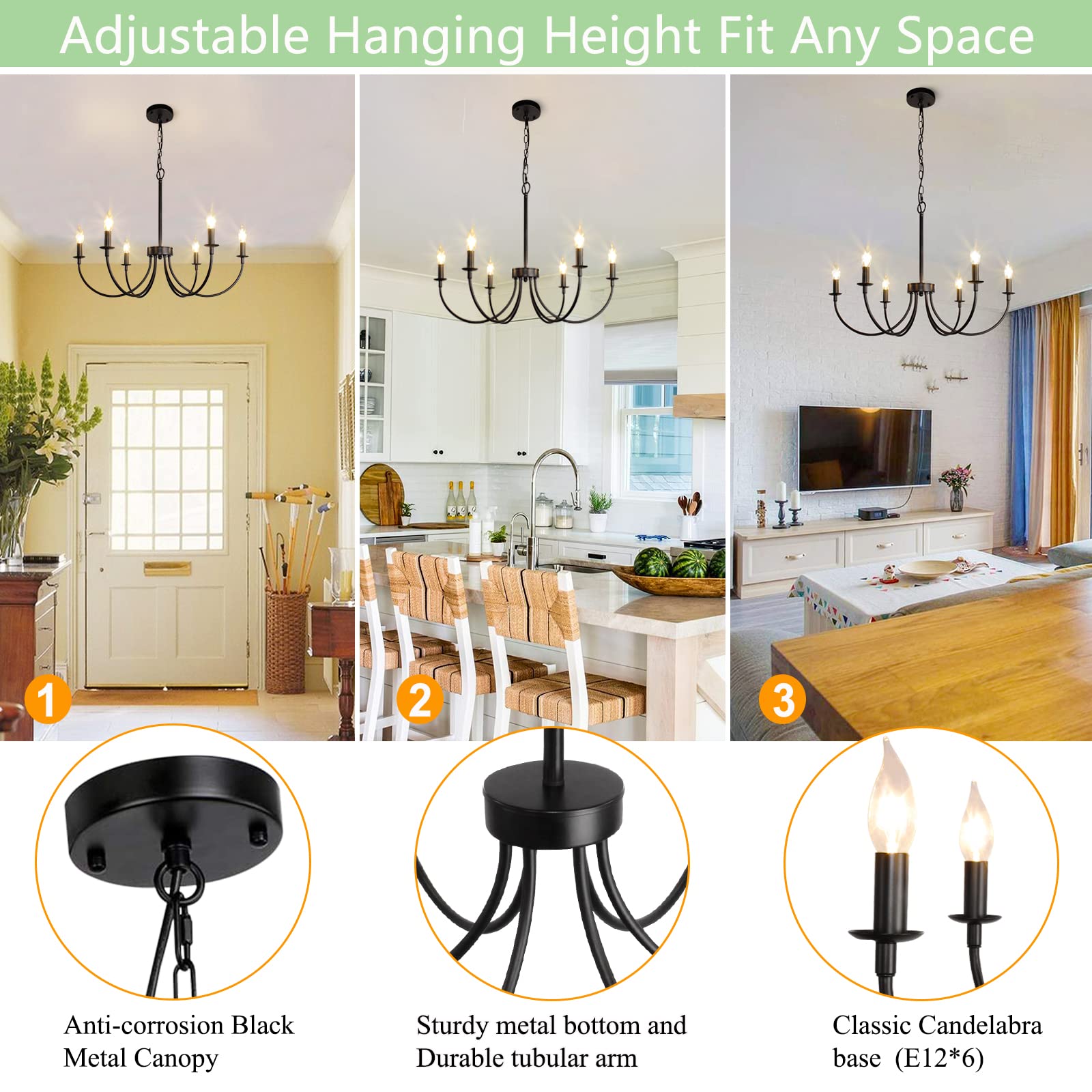 Rviezza 6-Light Farmhouse Chandelier, Black Chandeliers For Dining Room Lighting Fixtures Hanging, Classic Candle Ceiling Modern Chandeliers For Living Room, Foyer, Kitchen Island