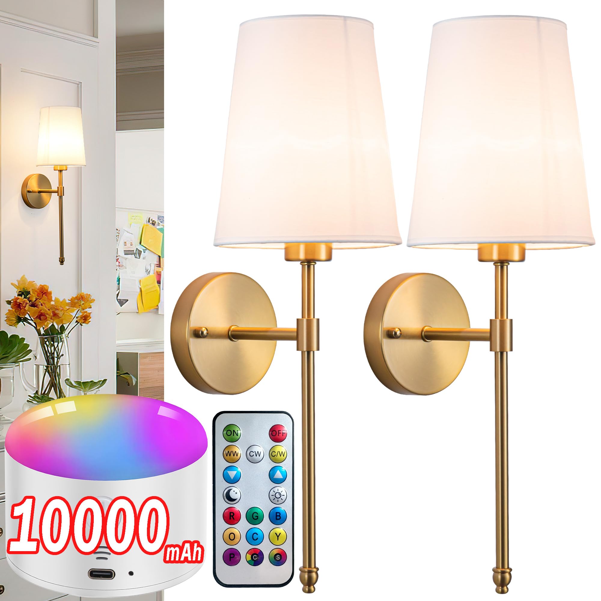 Yhcdlamp Battery Operated Wall Sconce Set Of 2, Rechargeable Wall Sconce With 10000Mah Bulb And Remote Control, Up To 50 Hrs Use