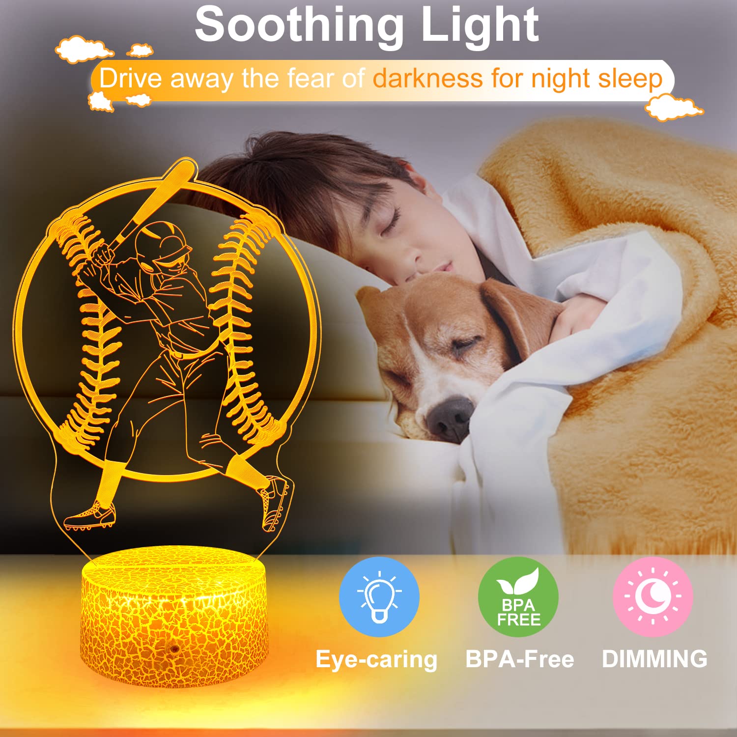 Gimfry Baseball Night Light Cool Baseball Gifts For Boys 16 Colors Changing With Remote&Touch Models Bedside Room Baseball Decor