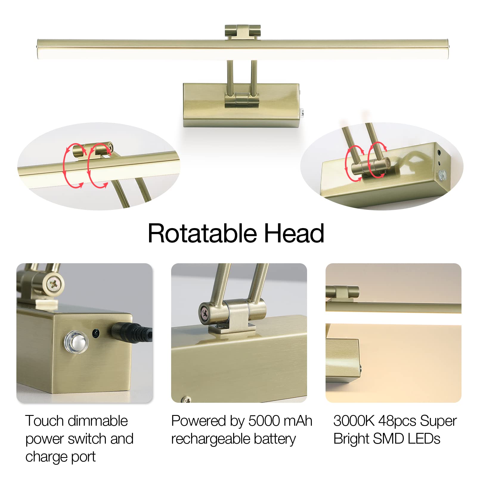 FUNCHDAY Wireless Picture Light, Dimmable, 16in Full Metal Art Light, Rechargeable, Antique Brass, Model FC80109AB