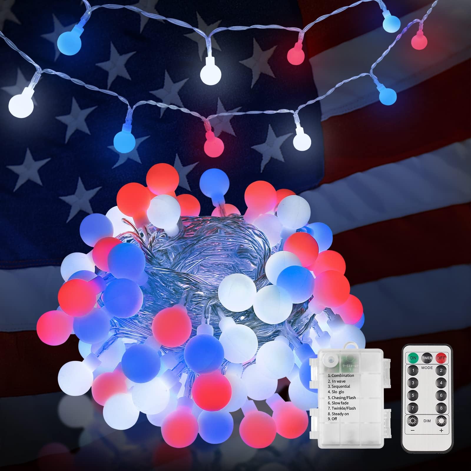 suddus Red White and Blue Lights, 100 Led Battery Powered String Lights, Globe String Lights for Flag, Backyard, Patio, Garden, Party, Bedroom, Living Room, Christmas, Classroom Decoration