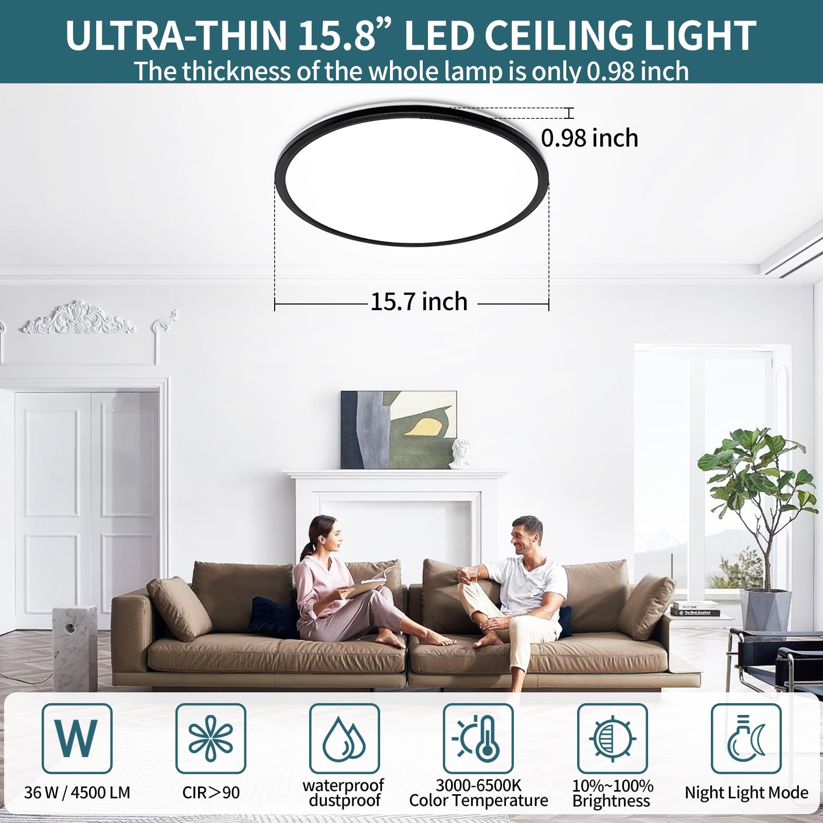 Glowall 15.4 Inch Led Ceiling Light Fixtures, Dimmable With Remote Control, 36W, 4500Lm, Ultra Thin Modern Flush Mount Ceiling Lights For Bedroom Living Room Kitchen Dining Room