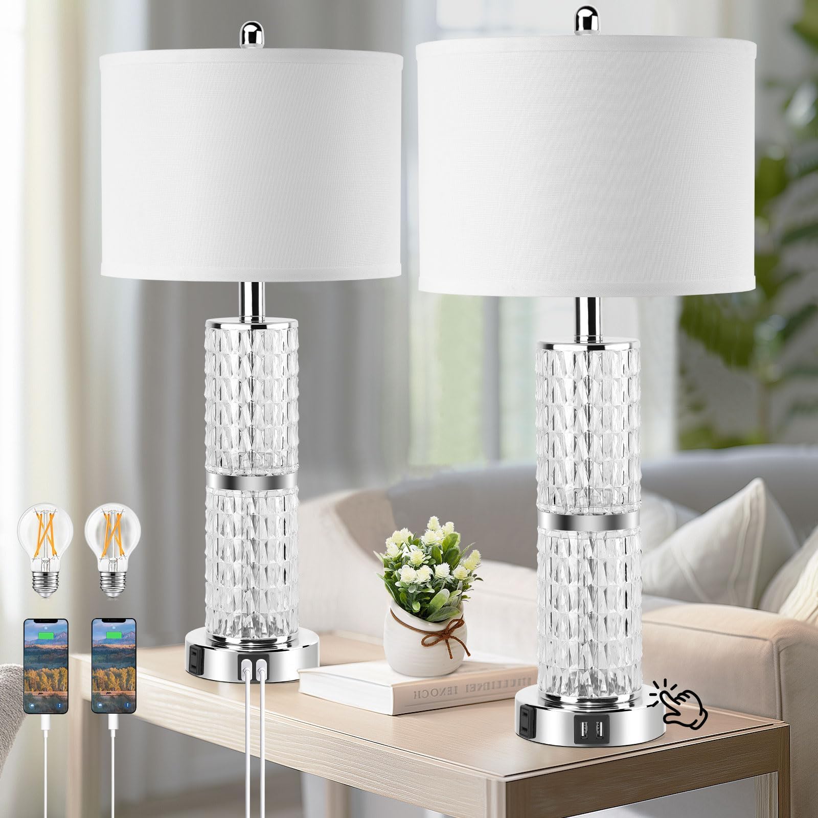 Gobright 3-Way Touch Control Crystal Table Lamps Set Of 2 With Usb Ports & Ac Outlets, 26&quot; Tall