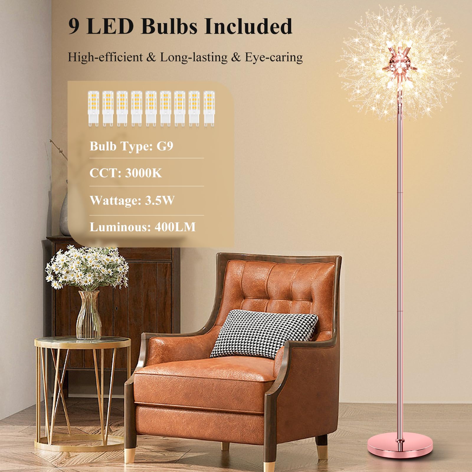 Beslowe 69 Crystal Floor Lamp For Living Room  Modern Standing Lamp With 738Pcs K9 Crystals  Tall Lamp Pole Light For Bedroom Office  Mid Century Floor Lighting With 9 Led Bulbs  Rose Gold