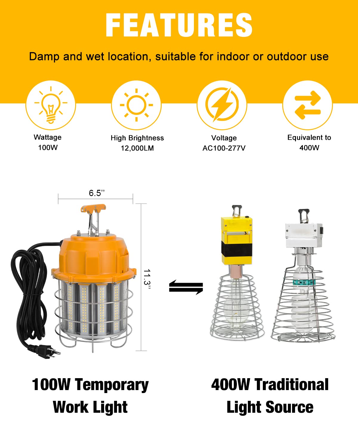 Jc-Lgl Led Temporary Work Light 100W Led Construction Lights 12,000Lm 5000K Daylight Stainless Steel Guard Portable Hanging Work Lighting Workshop Jobsite Light Outdoor