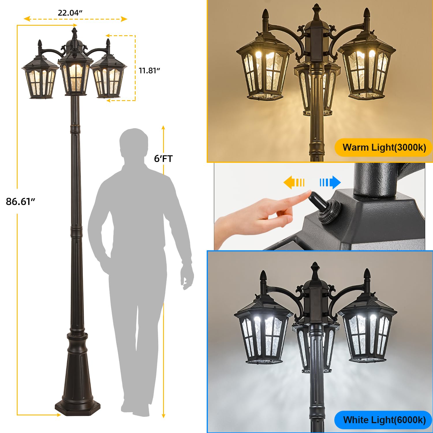 GYDZ 3-Head Solar Street Light, Aluminum with Dusk to Dawn Sensor, Waterproof Black Lamp Post for Backyard, Garden, Driveway, Model 6590-S-SE-GL