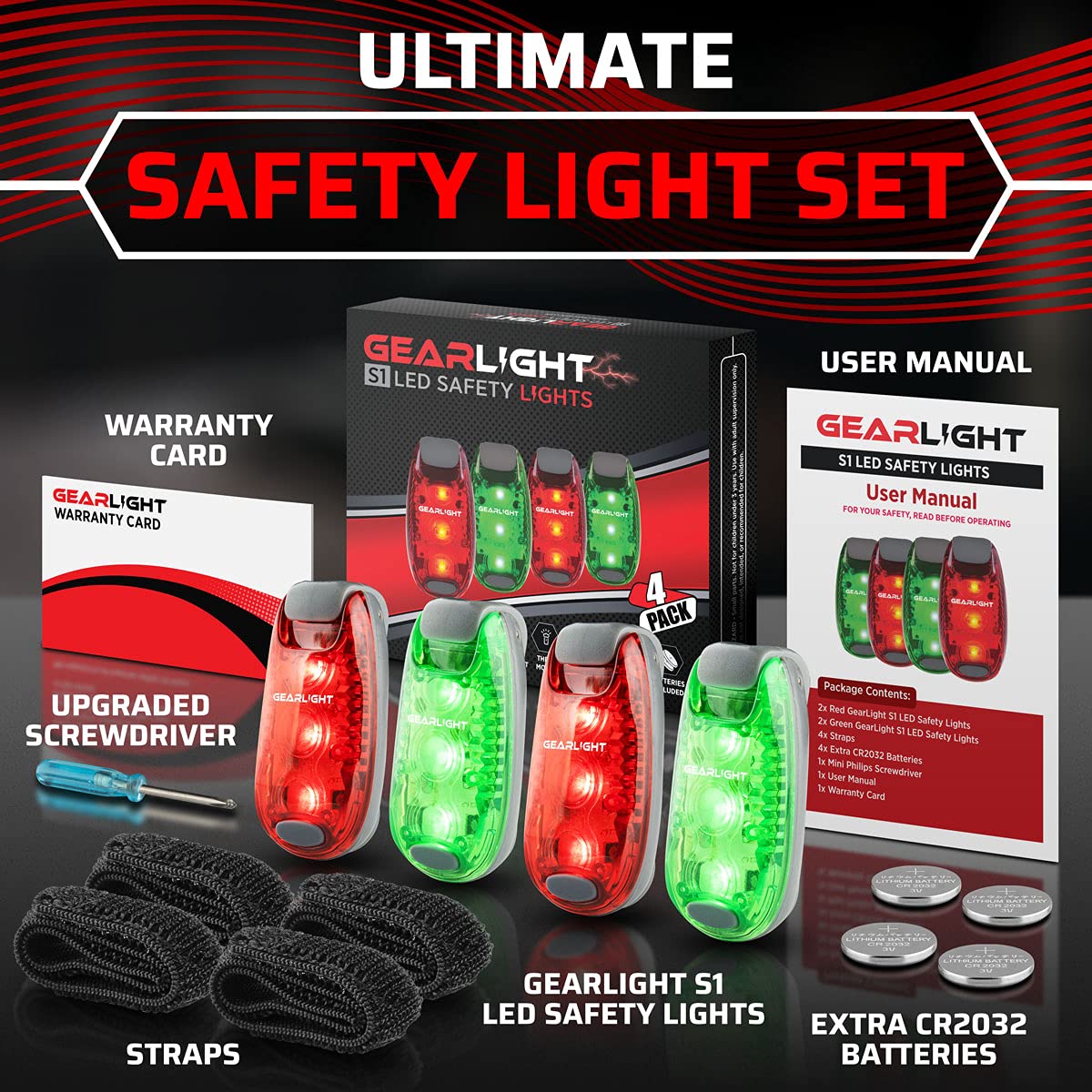 GearLight S1 LED Bike Taillights - 4 Pack, Clip-On, Pocket-Sized, Red/Green, Plastic
