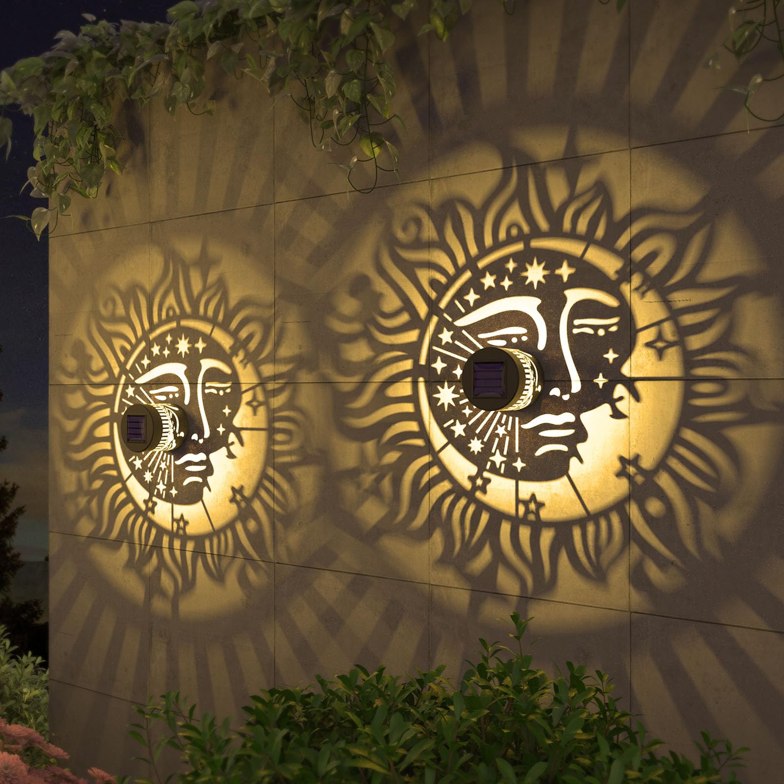 Gardencave Solar Fence Lights - 4 Pack, Sun Moon Theme, Waterproof Outdoor Wall Decor, Model Fence1