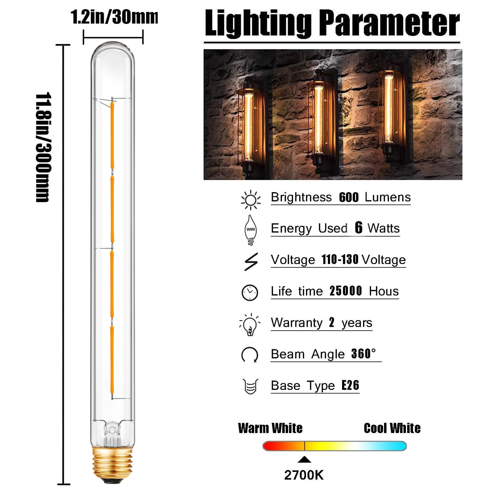 XININSUN T300 LED Bulb, 11.8 Inch Tubular, 100W Equivalent, Dimmable, Clear Glass, E26, 2700K, 4 Pack