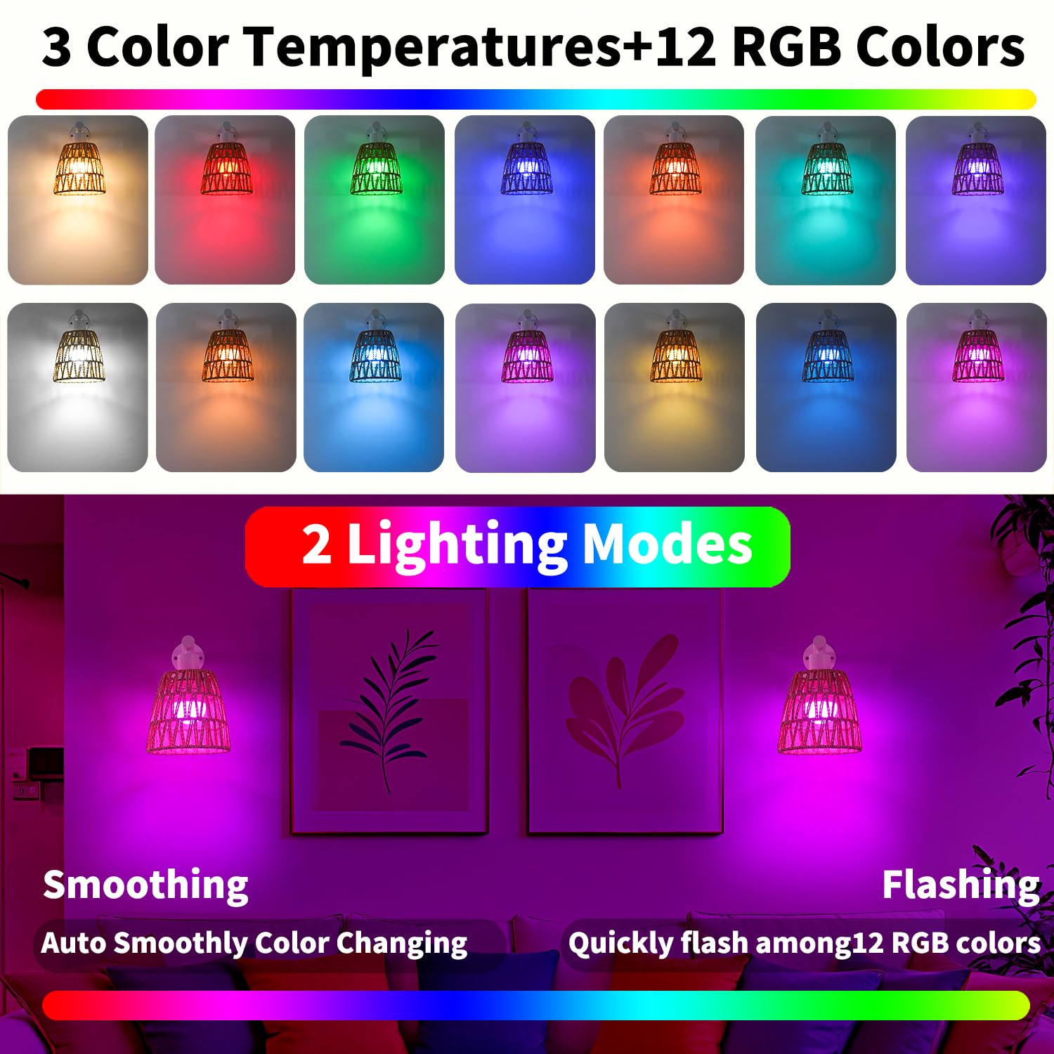 OIYIO Battery Operated Wall Sconce Set of 2, USB Rechargeable Rattan Lighting, White, 6.3in, Remote Control, RGB Color Modes