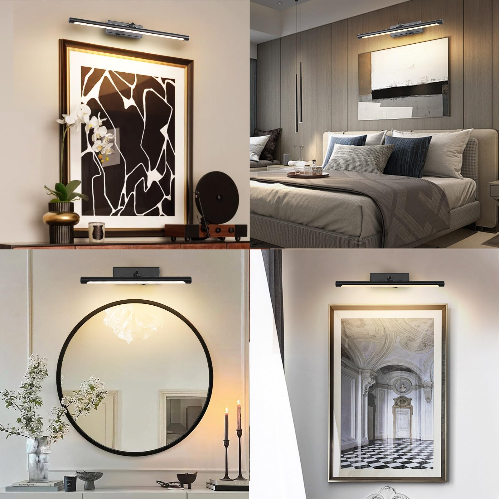 Wireless Picture Lights Battery Operated With Remote, Black Rechargeable Picture Lights For Wall Brightness Dimmable Sticker/Screw Installation, Art Light For Gallery, Artwork (Black, 12‘’) Warm Light