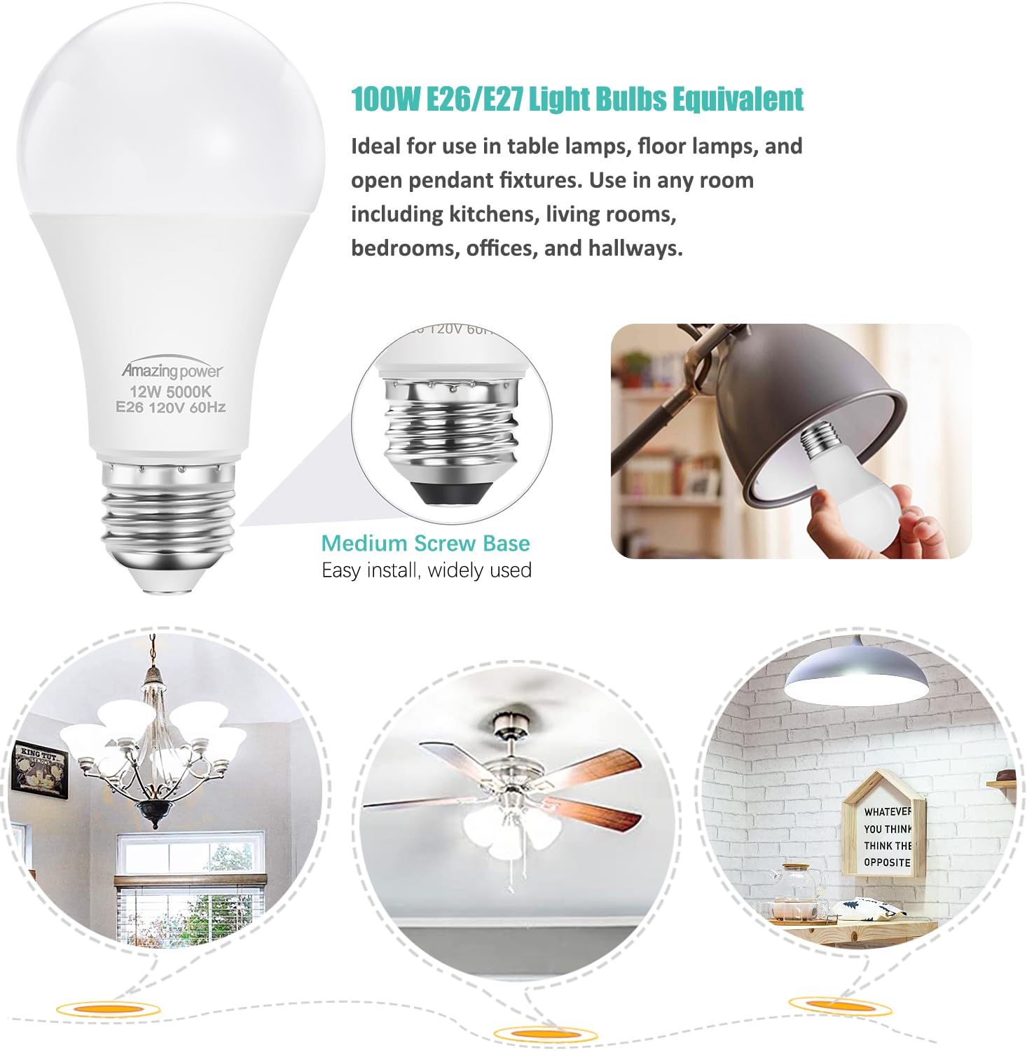Amazing Power 100W Equivalent Light Bulbs, A19 E26 Led Bulbs, 12W 5000K Daylight White 1200 Lumens, Non-Dimmable, 12-Pack