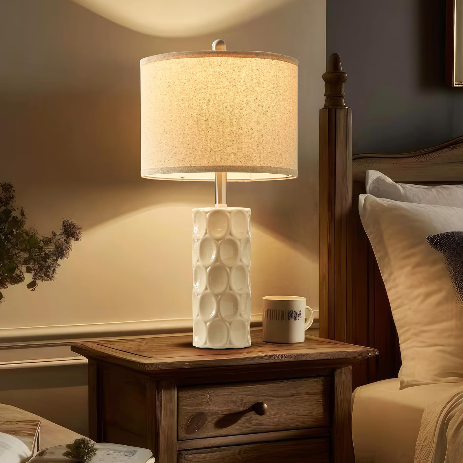 SAIWEYA 24" Ceramic Table Lamp Set of 2, 3 Color Dimmable, Rotary-Cream White, Modern Design for Bedroom and Living Room