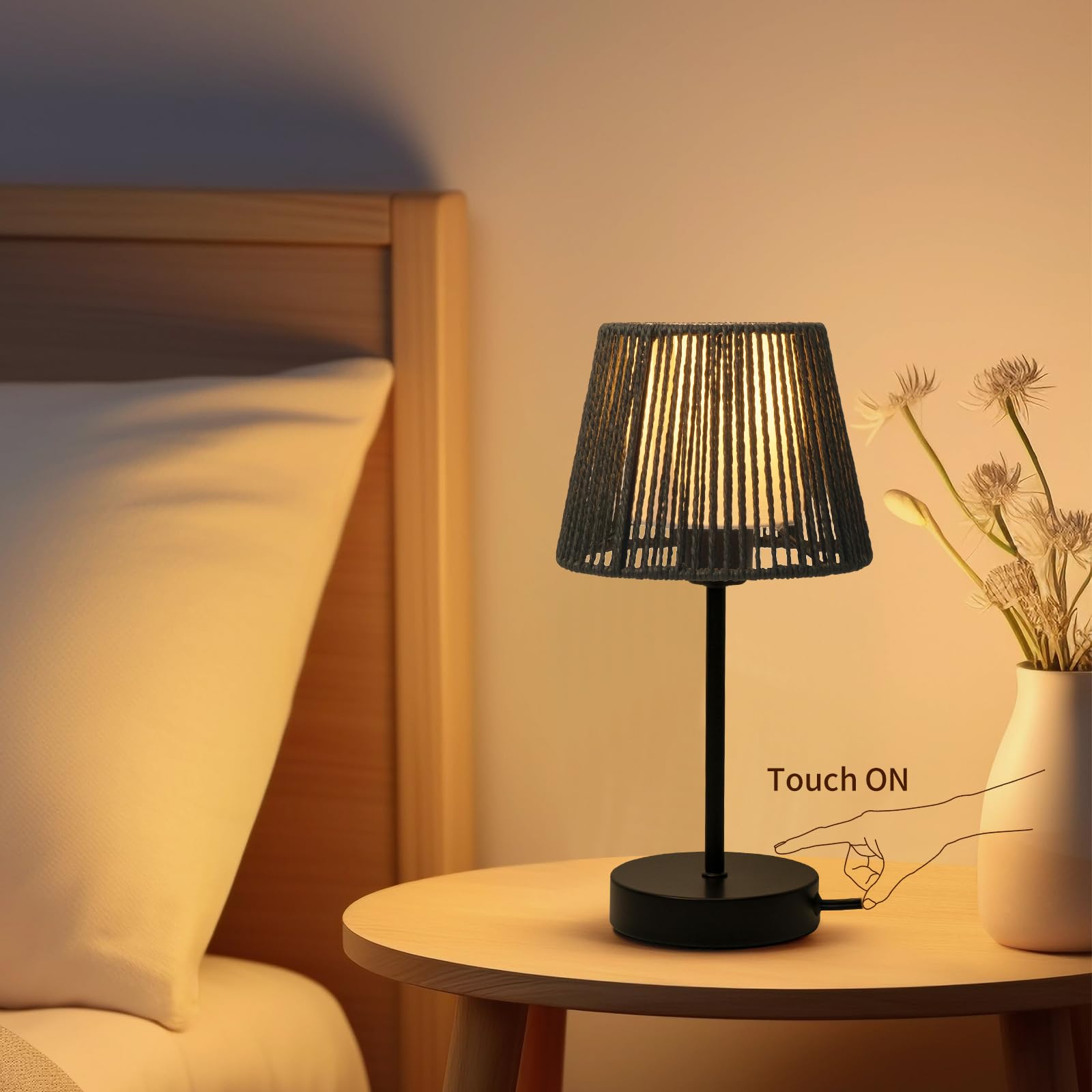 ONEWISH Touch Boho Lamp, Dimmable 3-Way Bedside Table Lamp, 14.2in, Metal, Black, 2 Packs, Model 13TAB149