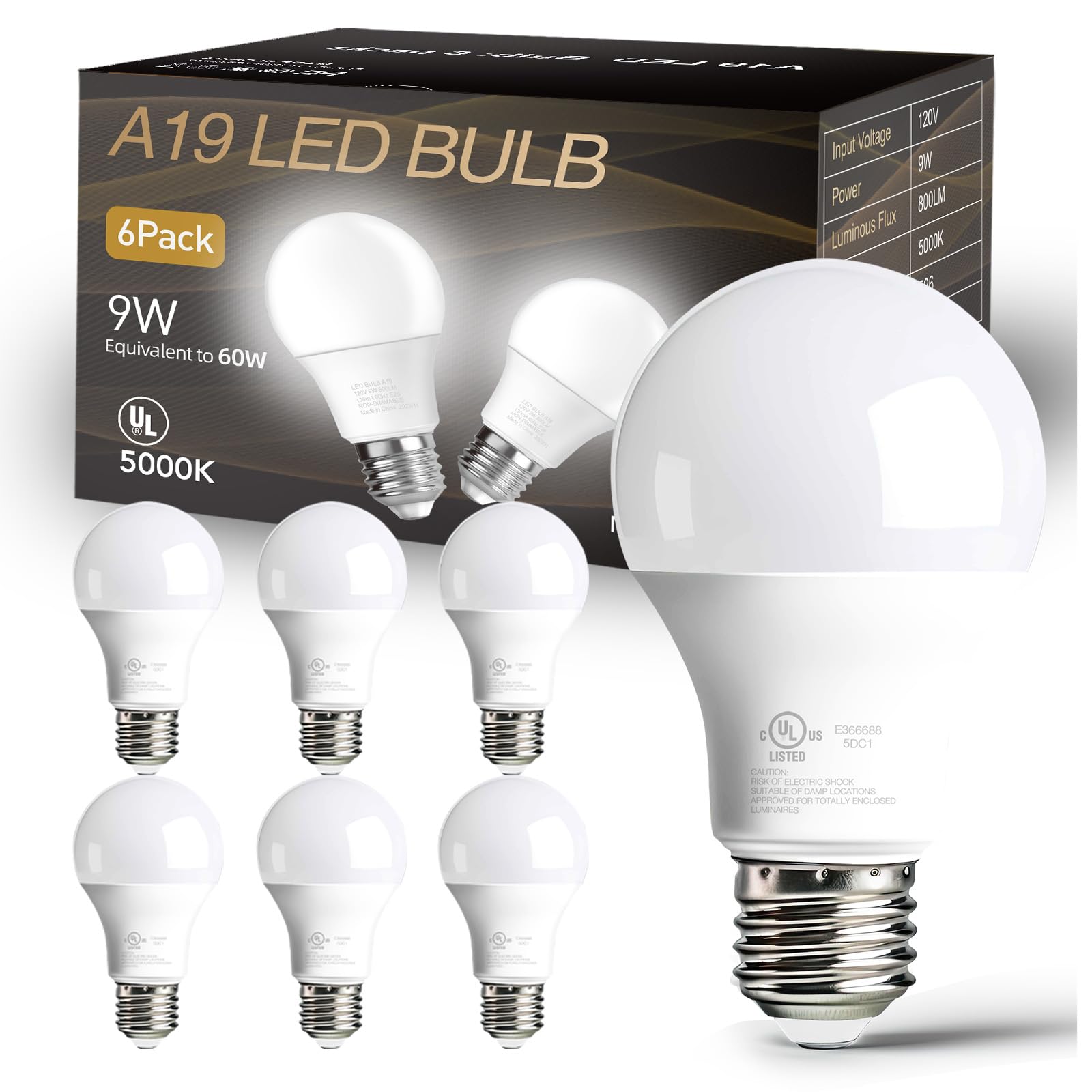 Dalattin 6 Pack Led Bulbs Daylight White 5000K, 60 Watt Equivalent A19 Standard Bulbs, E26 Base, 800 Lm, Efficient 9W Energy Sav