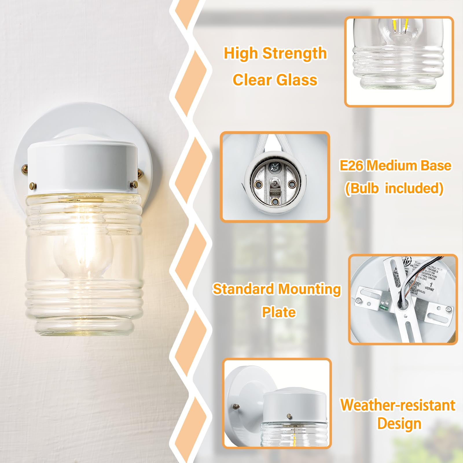 Ejiaxin 2 Pack Outdoor Wall Lantern - White Exterior Waterproof Wall Sconce Light Fixtures - Porch Lights Front Door Wall Lighting With Clear Glass Shade E26 Socket Wall Lamp For Patio Entryway