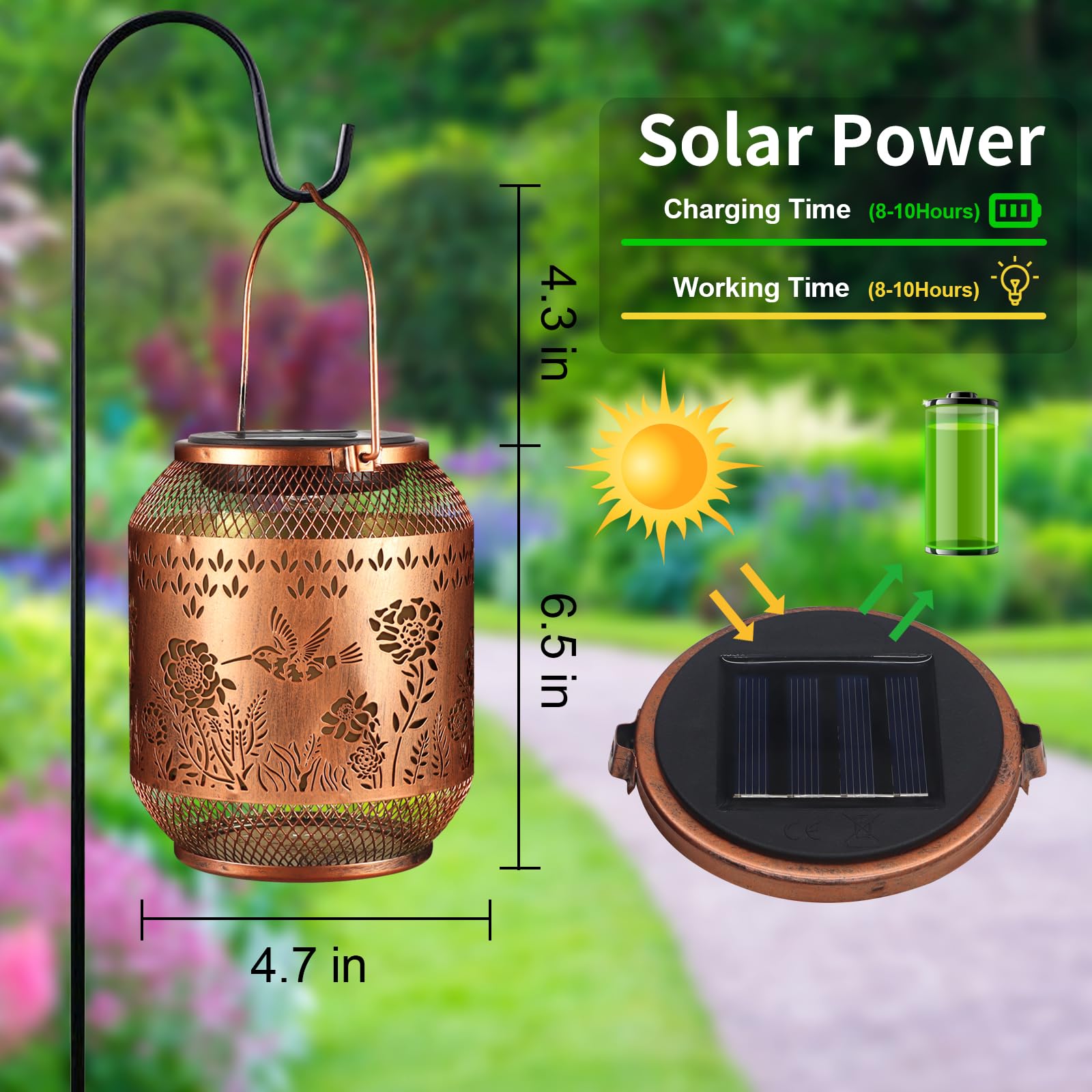 Doogarden Solar Lanterns - Waterproof Metal LED Lights for Garden Decor, White, Hummingbird Design, Model D-DL-301