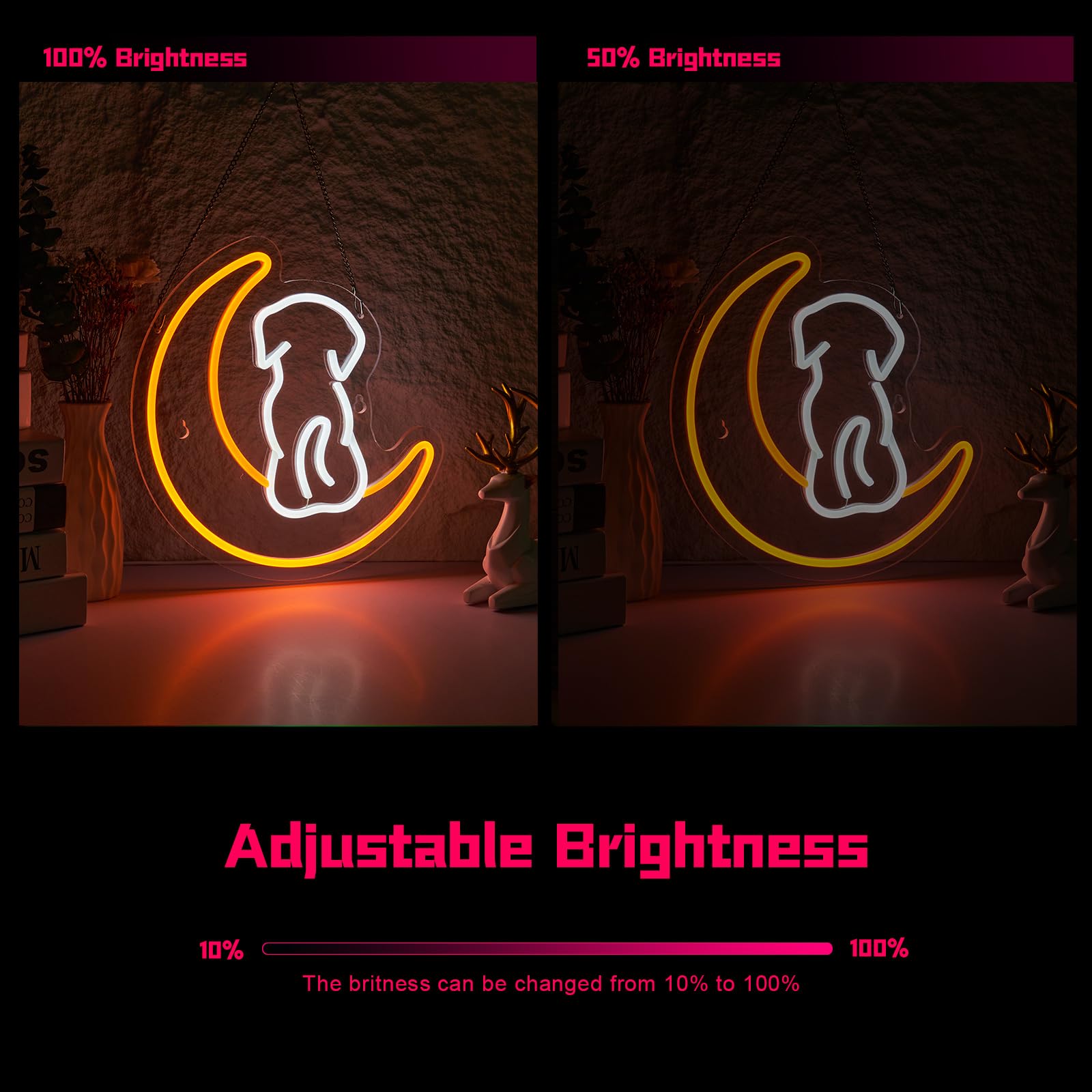 Dog Neon Sign Moon LED Lights for Wall Decor Teen Room Decor Gifts for Birthday Kids Room Art Decor Boys Room Decor Playroom Dec