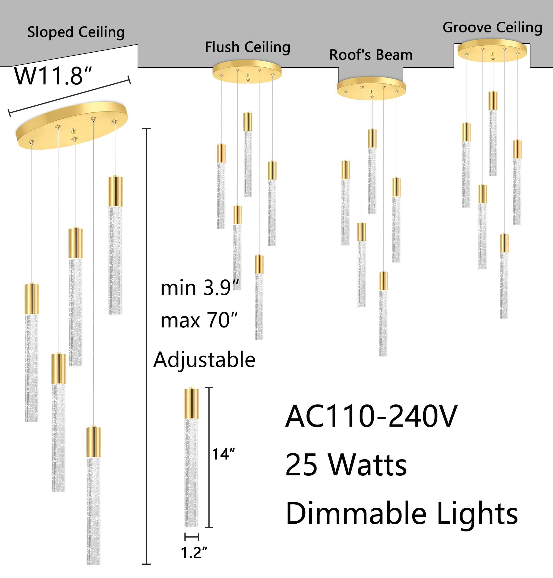 HAIXIANG 5-Lights Chandelier Modern Crystal Pendant Lighting Stainless Steel Gold MMQ3810 for Kitchen Island Dining Room