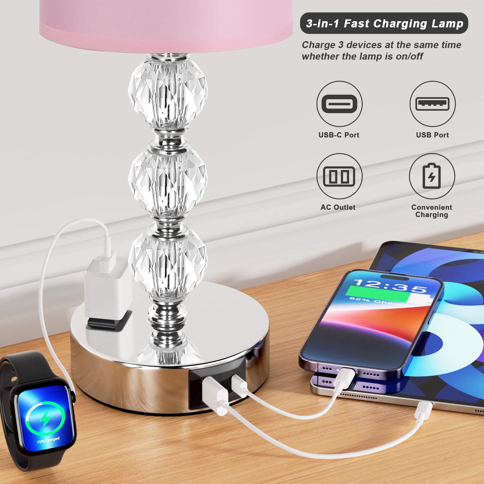Pink Touch Bedside Lamps For Bedrooms - Crystal Table Lamp With Usb C+A Charging Port And Ac Outlet Nightstand, 3 Way Dimmable S