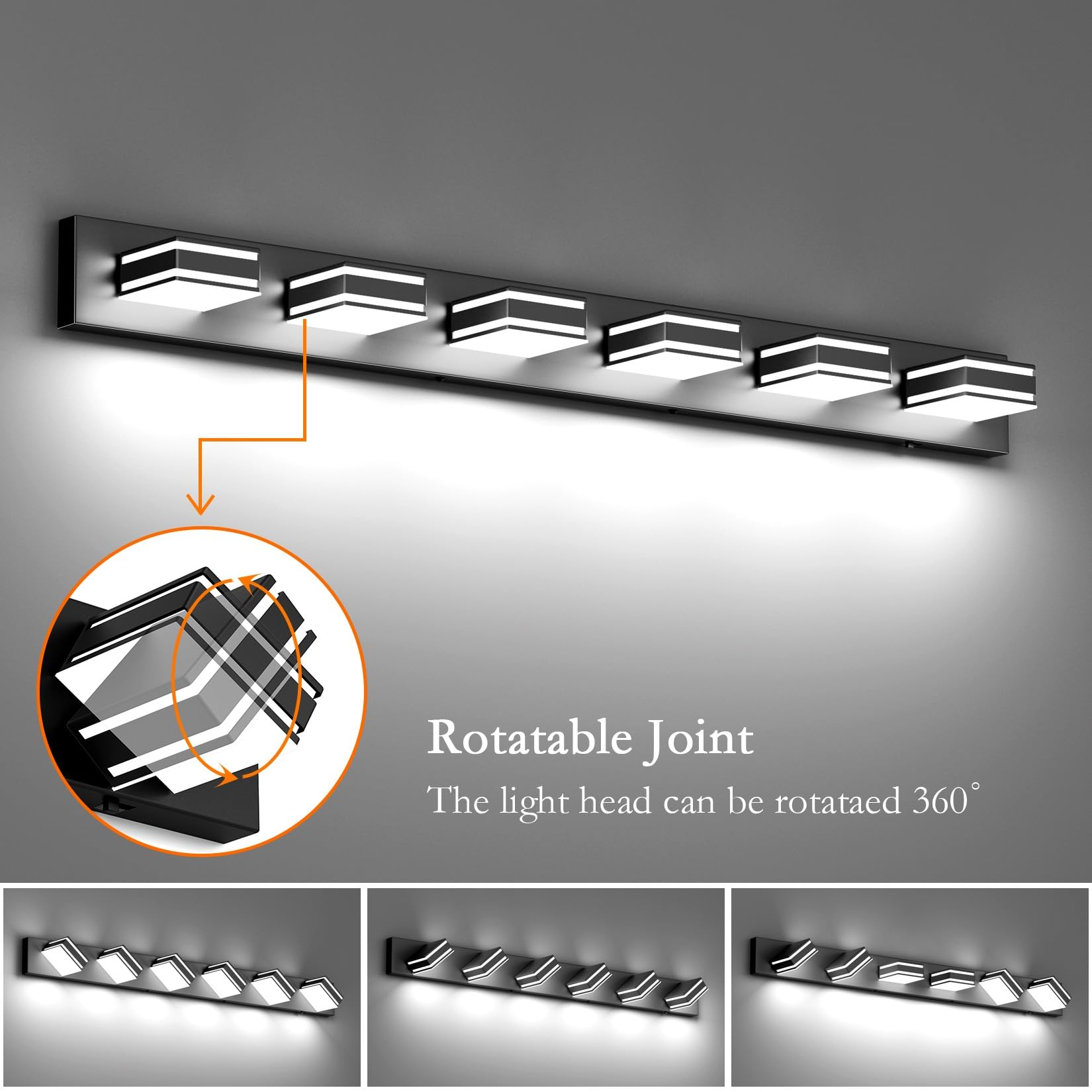 Ralbay 48Inch Black Bathroom Vanity Light With 5 Color Temperatures (3000K-6000K) Dimmable Metal Acrylic Modern Led Matte Black Bathroom Lighting Over Mirror (6-Light)