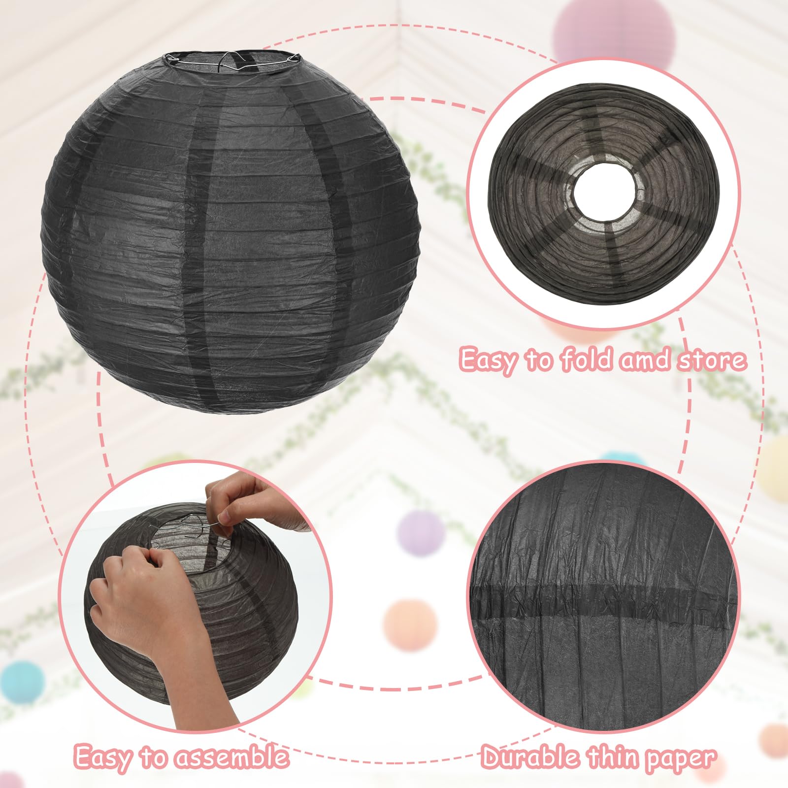 Meccanixity 6Pcs Paper Lanterns Decorative, 6'' 8'' 12'' Black Round Hanging Lantern Chinese Lanterns For Home Decor, Birthday,