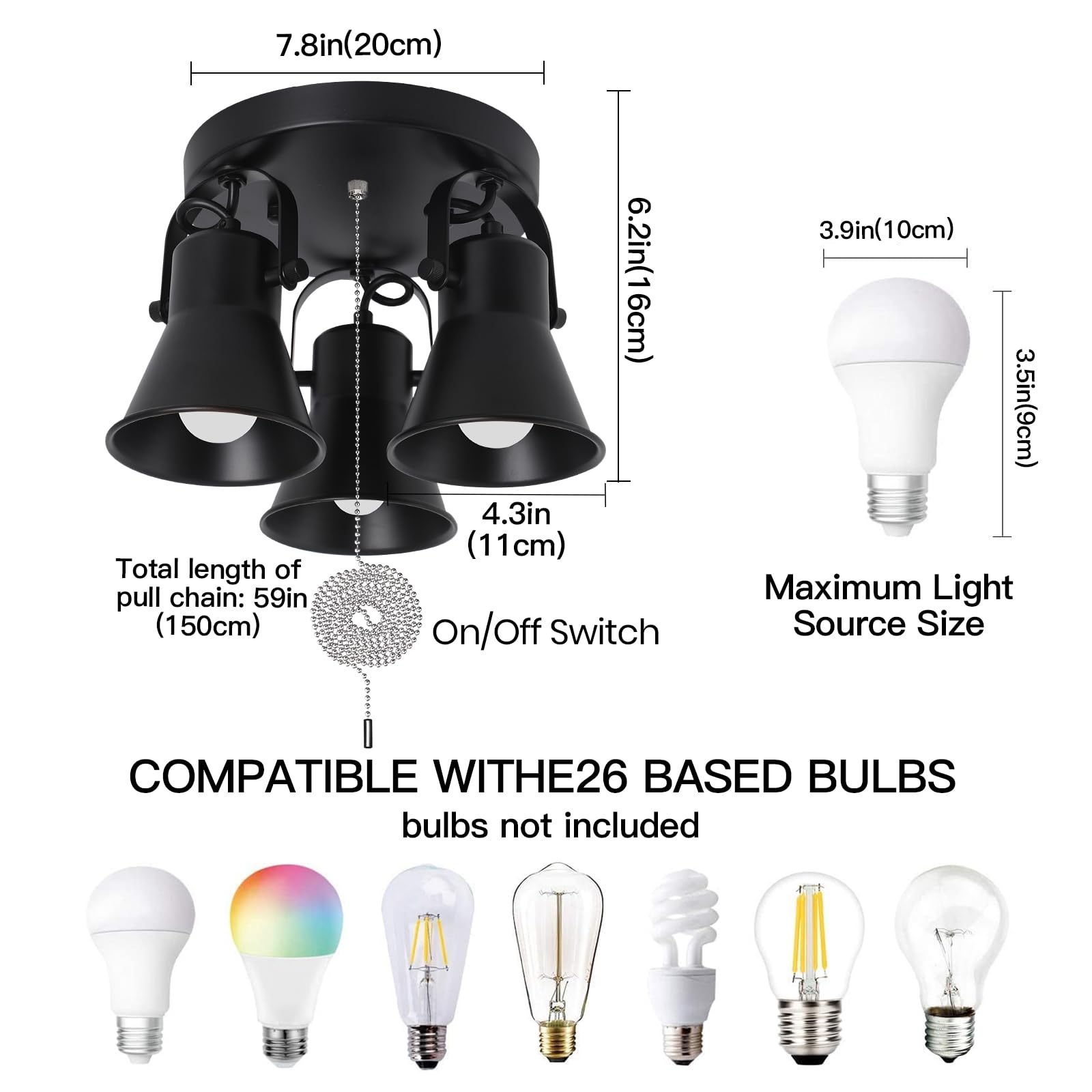 Seeblen 3-Light Industrial Track Lighting With Pull Chain On/Off Switch, Adjustable Round Kitchen Ceiling Light, Morden Black Fl