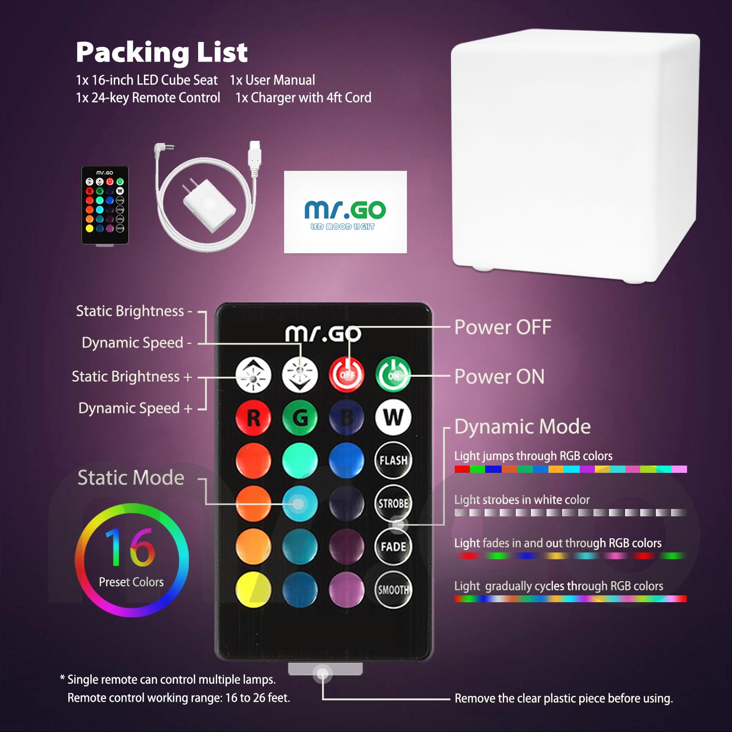 Mr.Go LED Cube Chair Light - 16-inch Rechargeable Waterproof Color Changing Seat, 16 RGB Colors, Model CQ-C105, Polyethylene