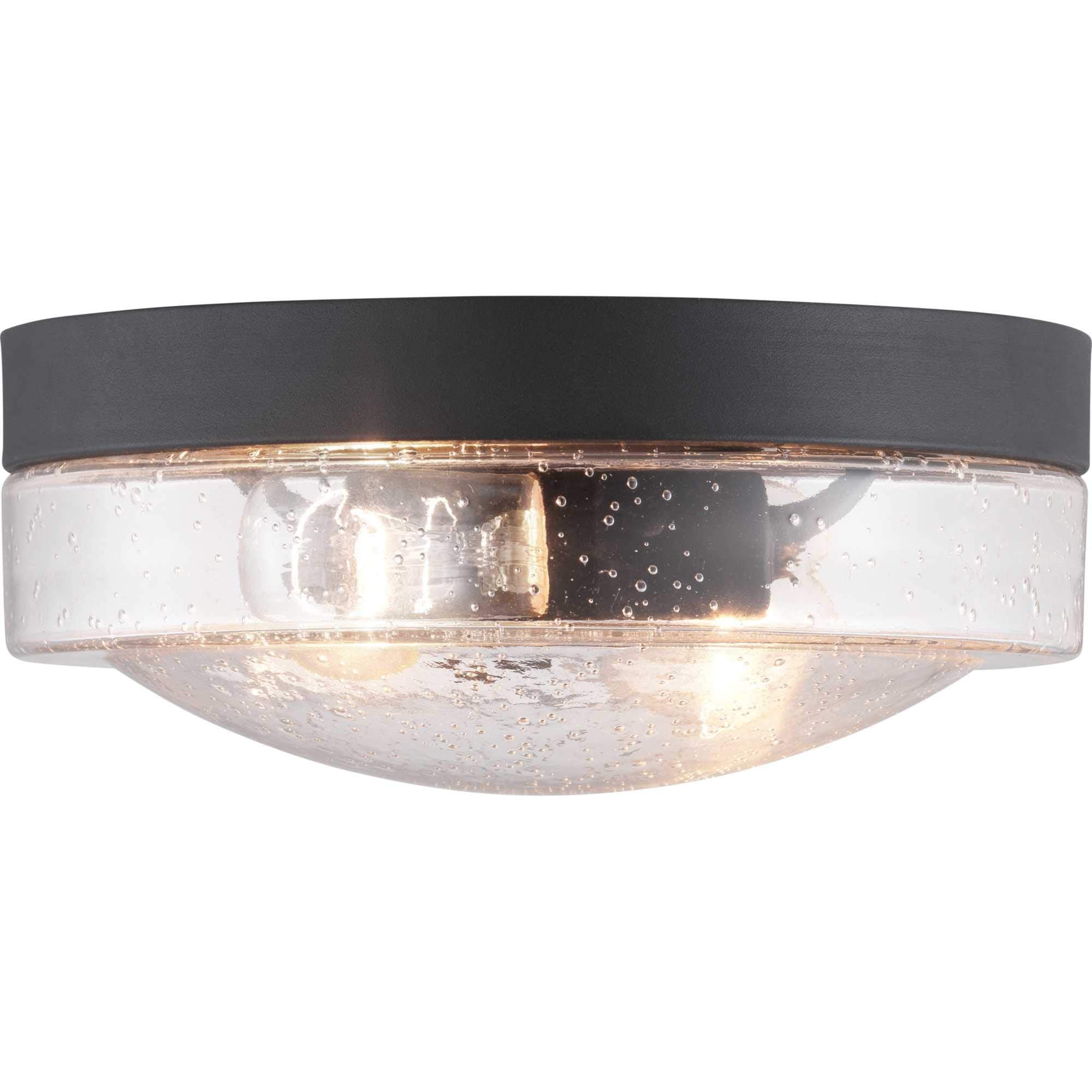 Progress Lighting Weldon Collection 2-Light Clear Seeded Glass Farmhouse Outdoor Ceiling Flush Mount Light Textured Black