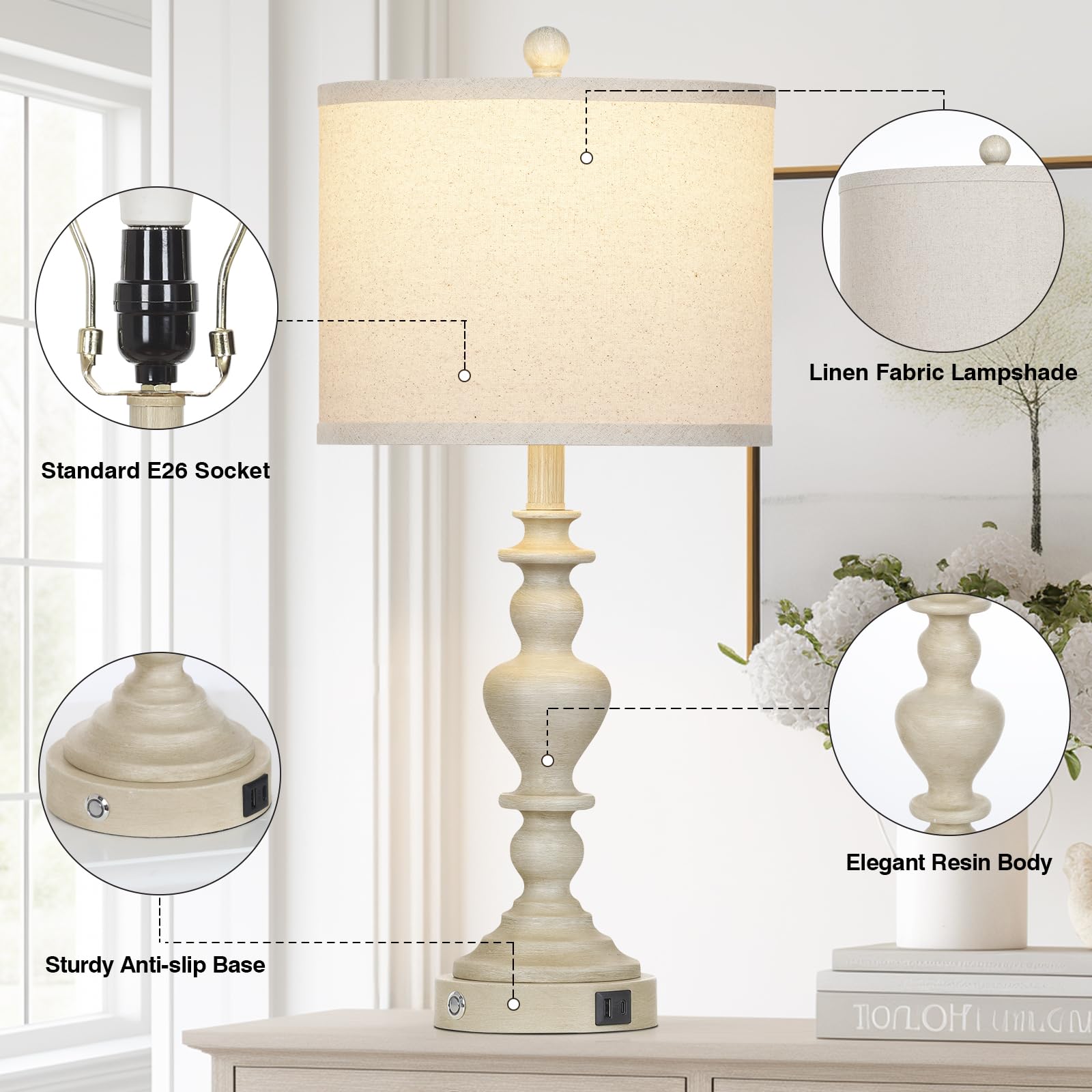 Lolikit 27" Farmhouse Table Lamps Set of 2, USB Ports, Dimmable, Vintage Rustic Design, Washed Beige, Ideal for Living Room and Bedroom