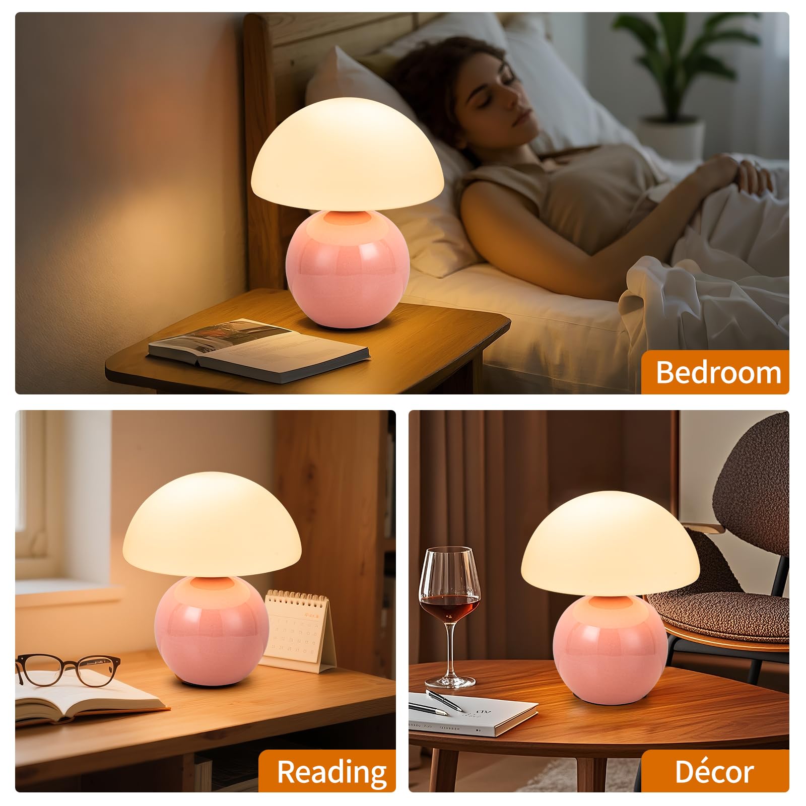 Adebime Ceramic Base Table Lamp with Milky White Glass Shade, Vintage Dimmable Design, Pink, Model HQ-74018-1T-PK