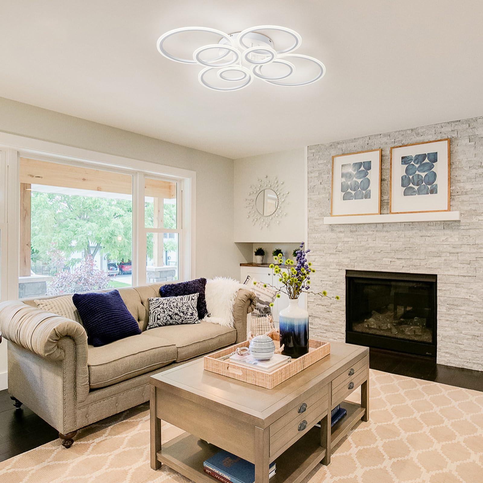 Vikaey Modern Ceiling Light, 8 Rings Led Flush Mount Ceiling Light, White Ceiling Lighting Fixtures, Close To Ceiling Lamp For L