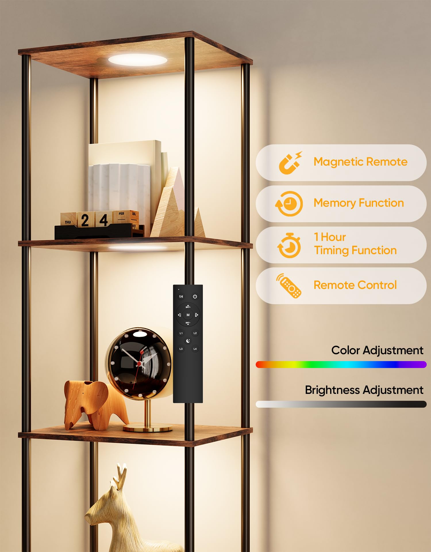 Display Shelf With Rgbcw Light, Color Changing Curio Cabinet Floor Lamp With Shelves Corner Standing Column Lamp Etagere Organiz