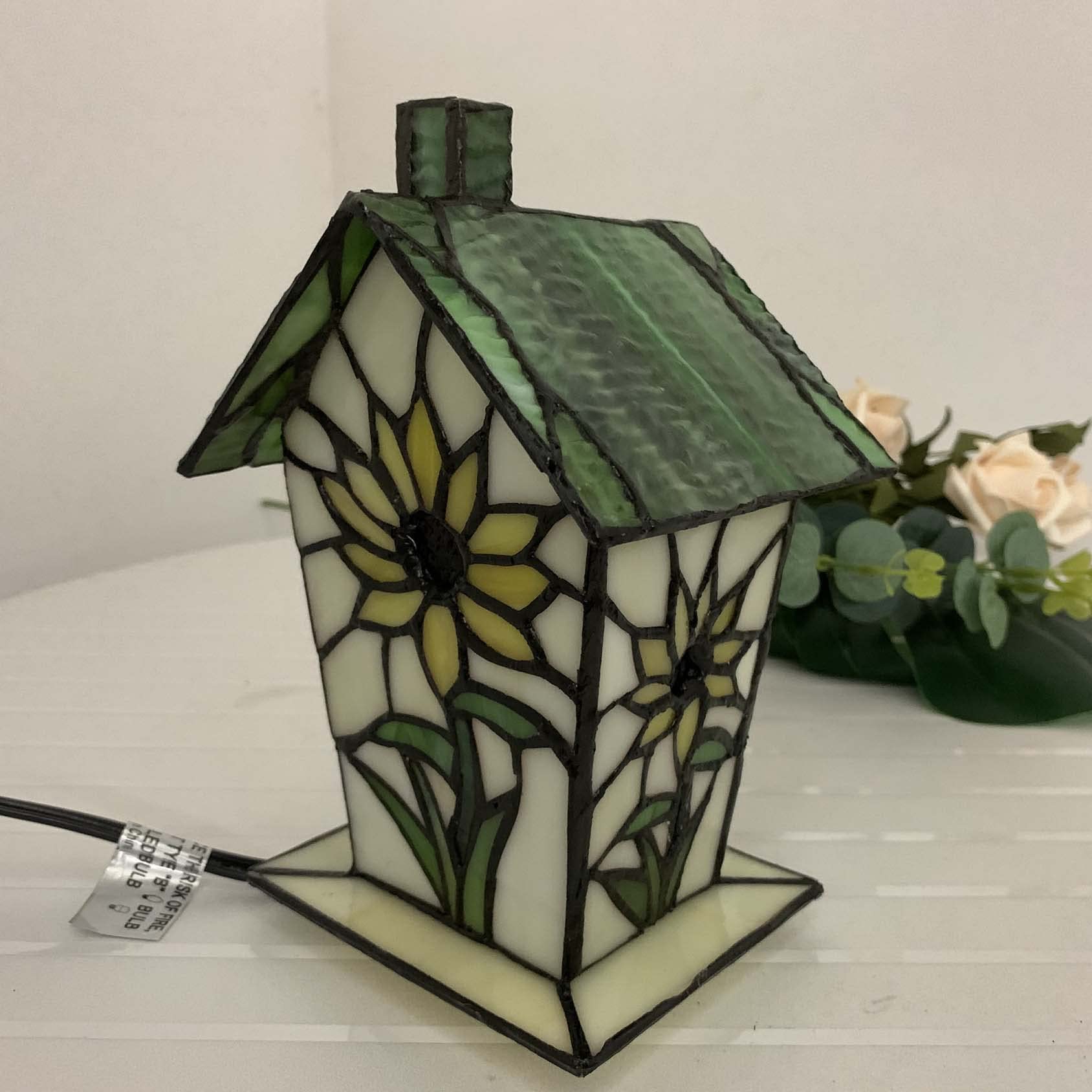 Bieye Birdhouse Table Lamp - Tiffany Style Stained Glass, 7-inch High, Sunflower Decor
