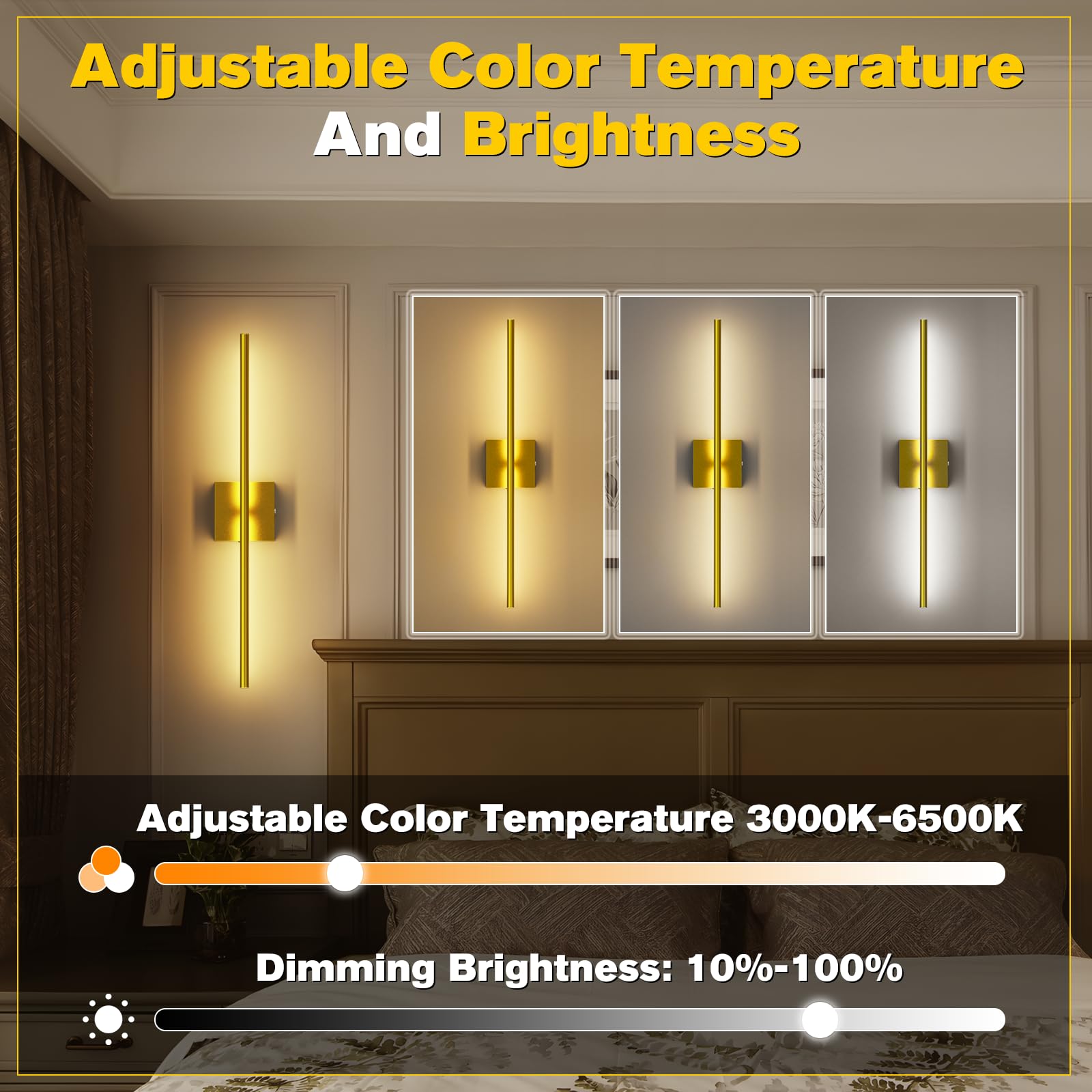 JOFIOS Wall Sconces Set of 2, Wireless Rechargeable Metal Lights, Dimmable 3000K-6500K, 27.5 Inch, Gold-1, Model