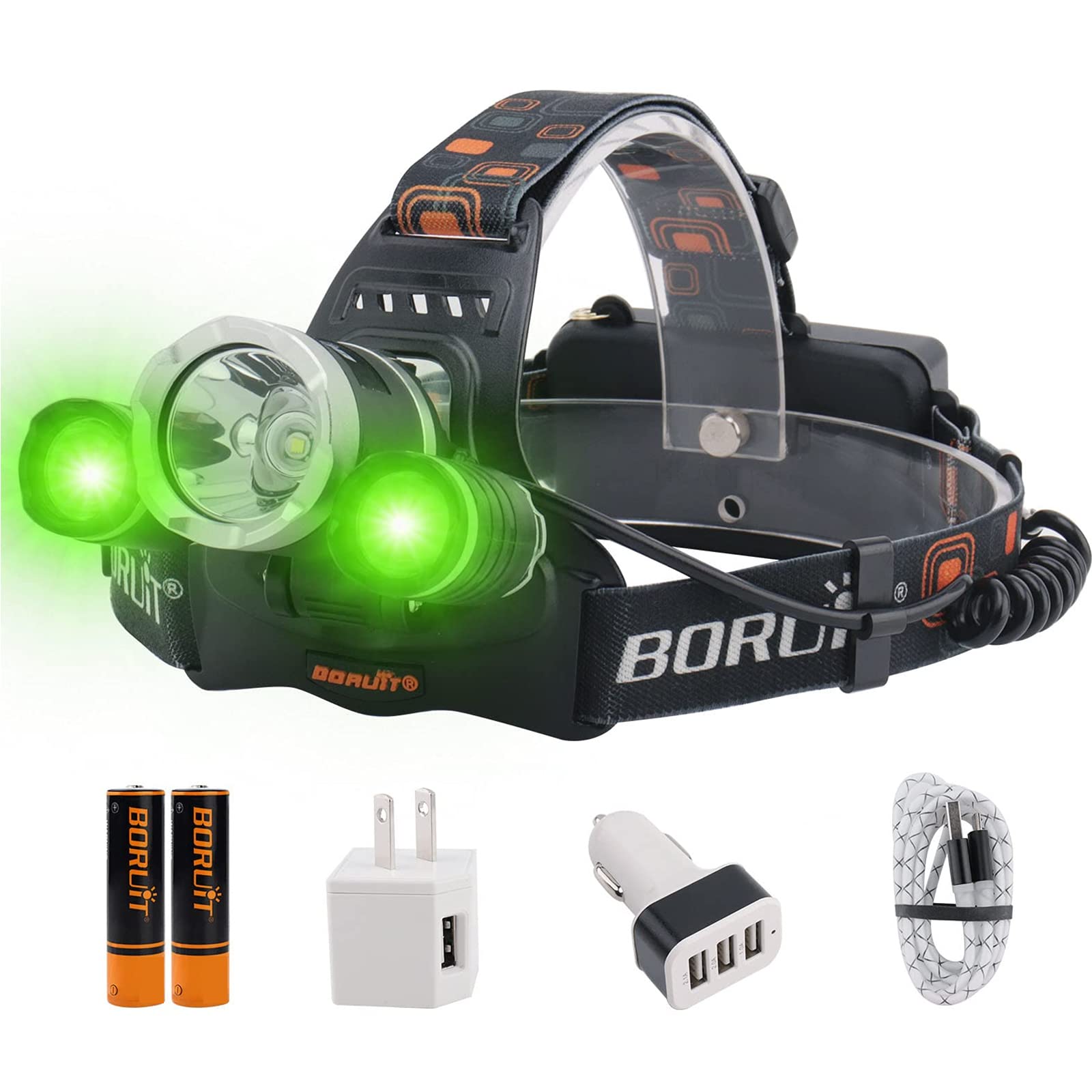 Boruit Rj-3000 Rechargeabe Led Headlamp Super Bright With Green Light, 3 Modes Super Bright Usb Head Lamp Ipx4 Waterproof Headli