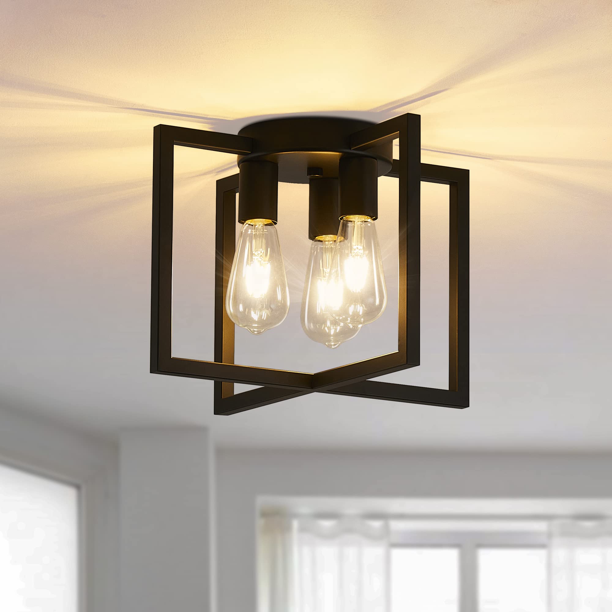 Bosomfr 3-Light Ceiling Light Fixture, Black Semi-Flush Mount Chandelier With Geometric Metal Shade, Farmhouse Industrial Lighting For Kitchen Living Room Bedroom Hallway Foyer, E26 Base