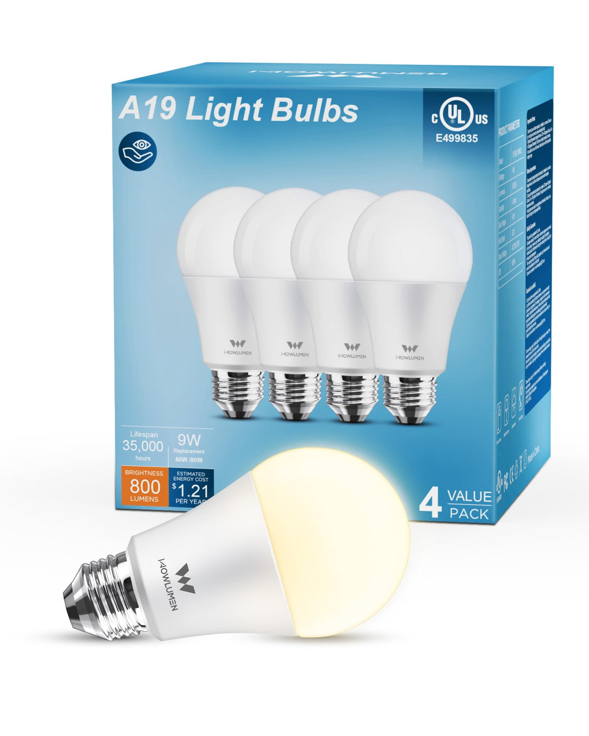 Wowlumen A19 Led Light Bulb,9W E26 Light Bulbs(60 Watt/80 Watt Equivalent),3500K Soft White,Non-Dimmable,800Lm Standard Base For