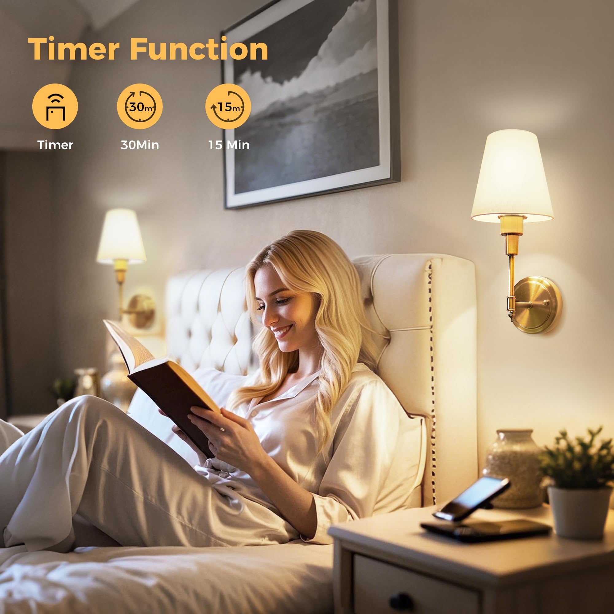 DORESshop Battery Operated Wall Sconce Set of 2, Dimmable Gold Metal 14.8in Wall Light for Bedroom, Living Room, Easy to Install