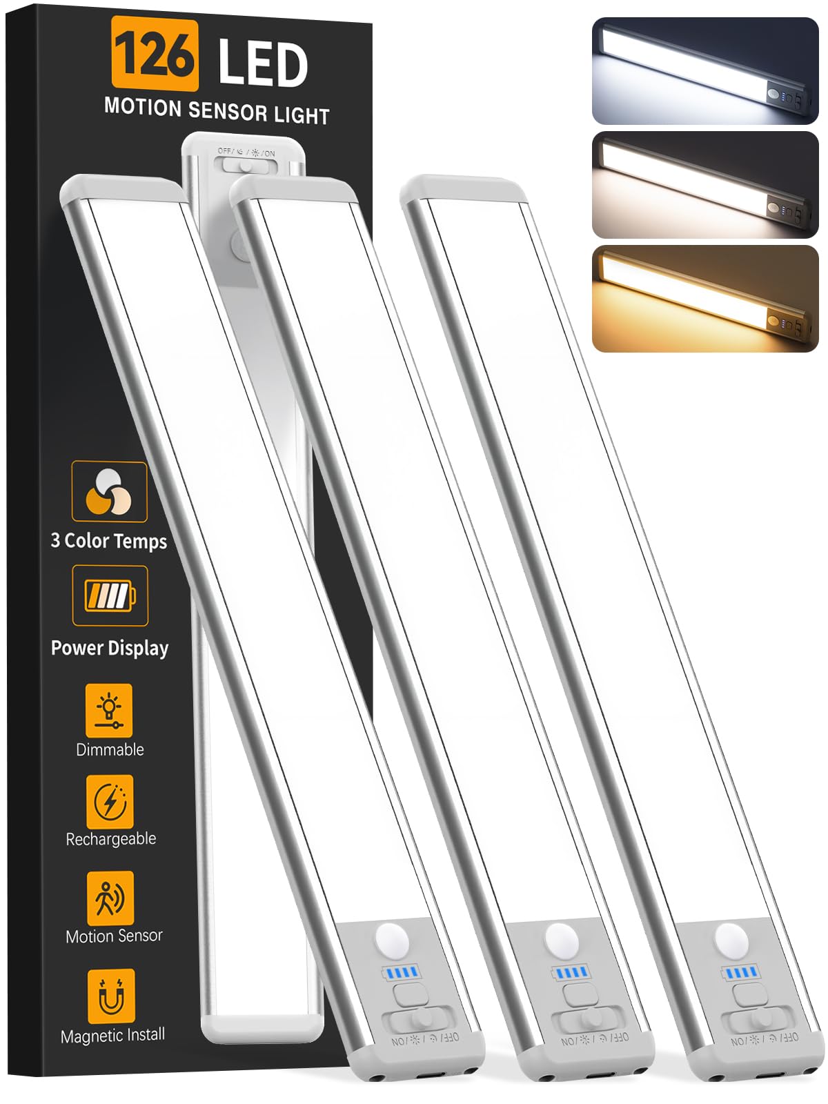 ZioeYiue Under Cabinet Lighting Wireless Motion Sensor LED Light 15inch 3Pack White/Warm/Natural Battery Operated Model GLS-C036