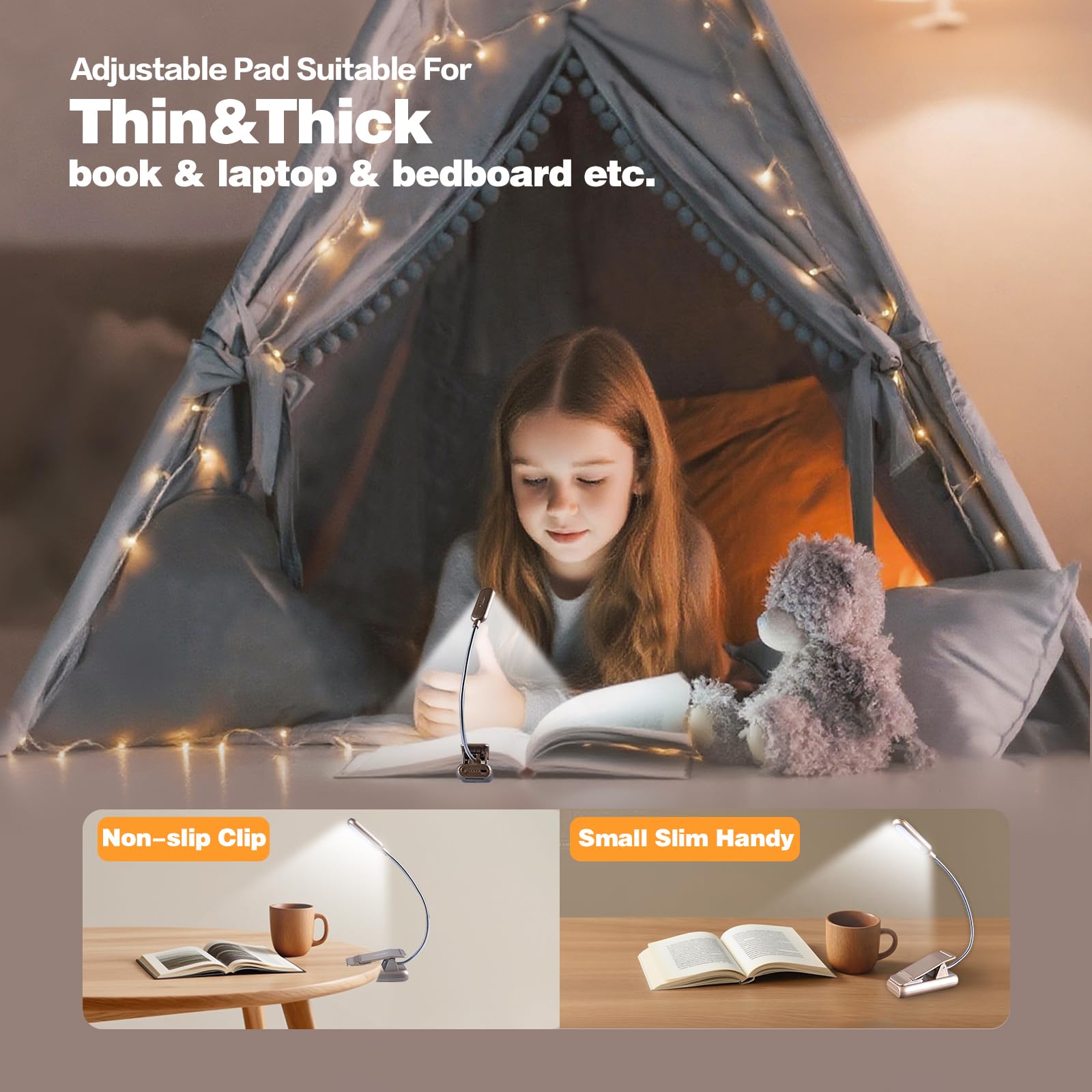 VAVOFO Rechargeable Book Light, 7 LED, 9-Level Warm Cool White, Eye Care, Champagne Gold, Model KM-6720