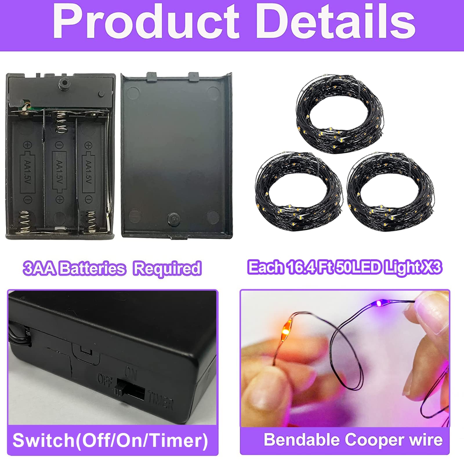 [3Pack&Timer] Halloween Lights Decorations, Total 150Led/50Ft Black Wired String Fairy Orange Purple Lights Battery Operated Halloween Decor Indoor Outdoor Garden Yard Party, 50Led/16.4Ft Each