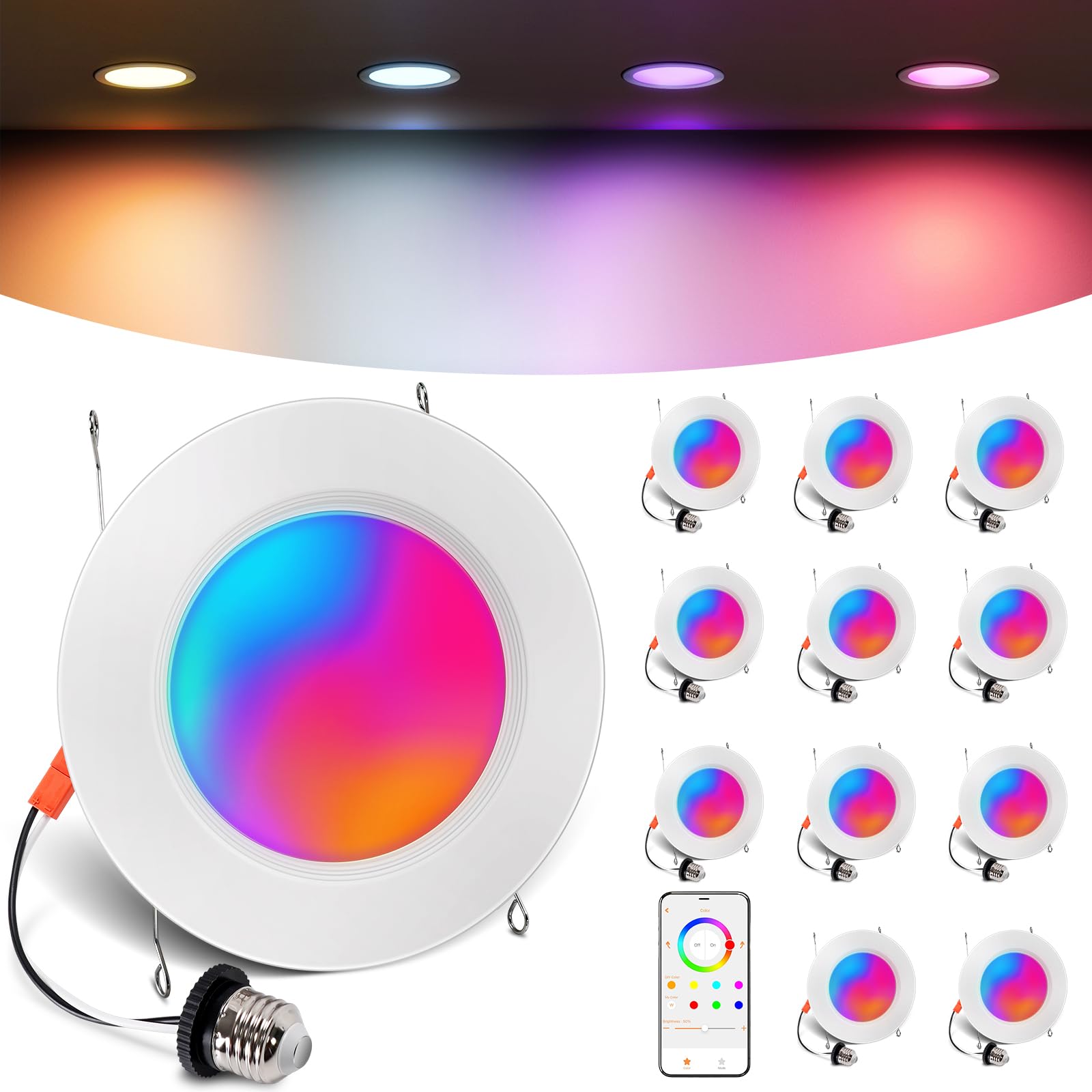 Varicart Smart Recessed Lighting 6 Inch  Rgbcw Color Changing Smart Can Light Bluetooth Connect  Flicker Free  13W 1300Lm  Dimmable Retrofit Downlight Works With Alexa Voice & App Control  12 Pack