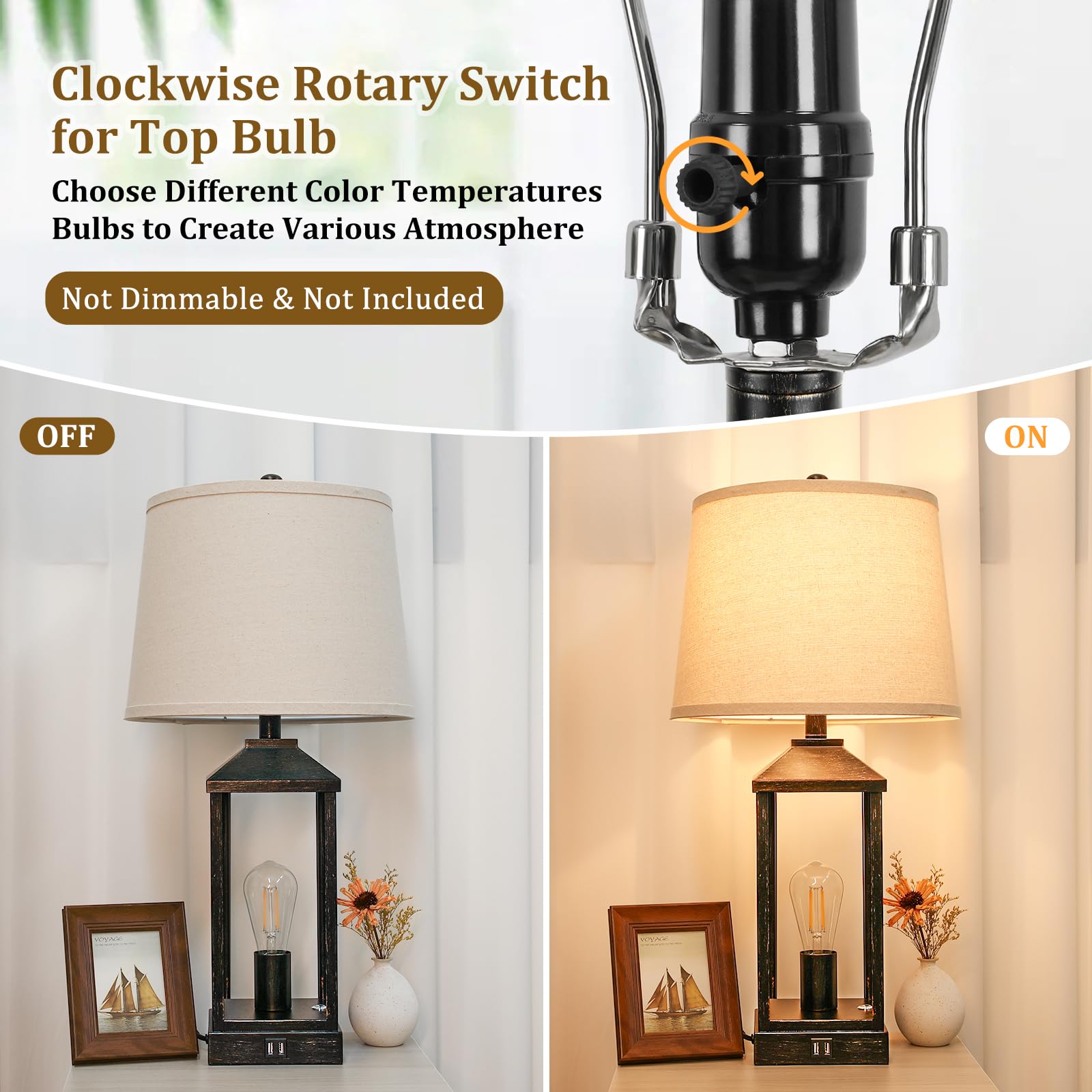 Brightever 28 Table Lamps Set Of 2, Black Metal Farmhouse Nightstand Lamps With Usb Ports, 3-Way Dimmable Touch Control, 4 Bulbs Included