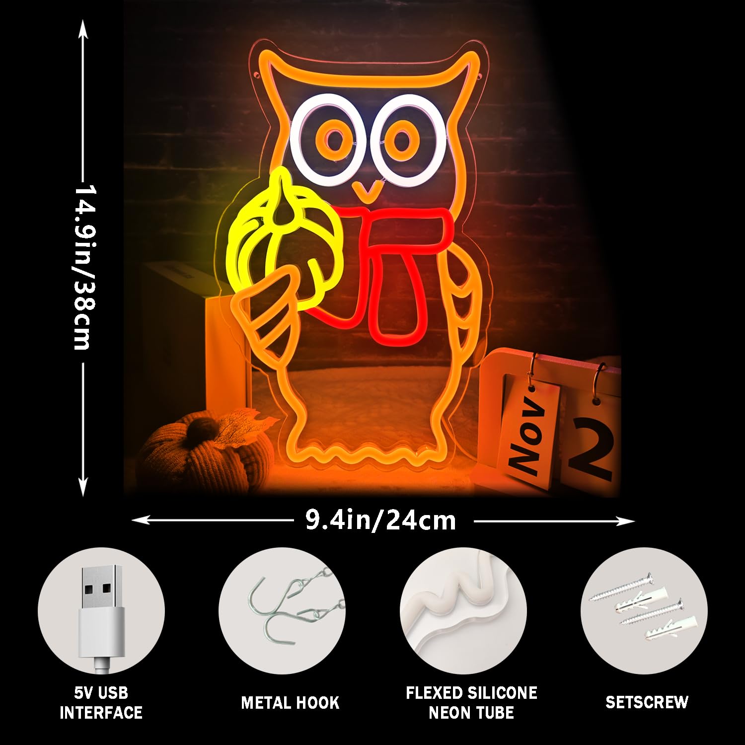 Owl Pumpkin Neon Sign Dimmable Thanksgiving Led Neon Signs For Wall Decor Fall Neon Light Up Sign For Thanksgiving Kitchen Bedroom Living Room Christmas Party Present